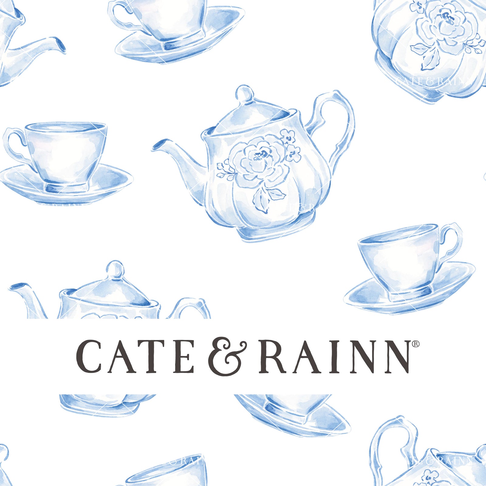 Decorative pattern for portfolio featuring blue coquette floral tea set with Cate and Rainn branding.