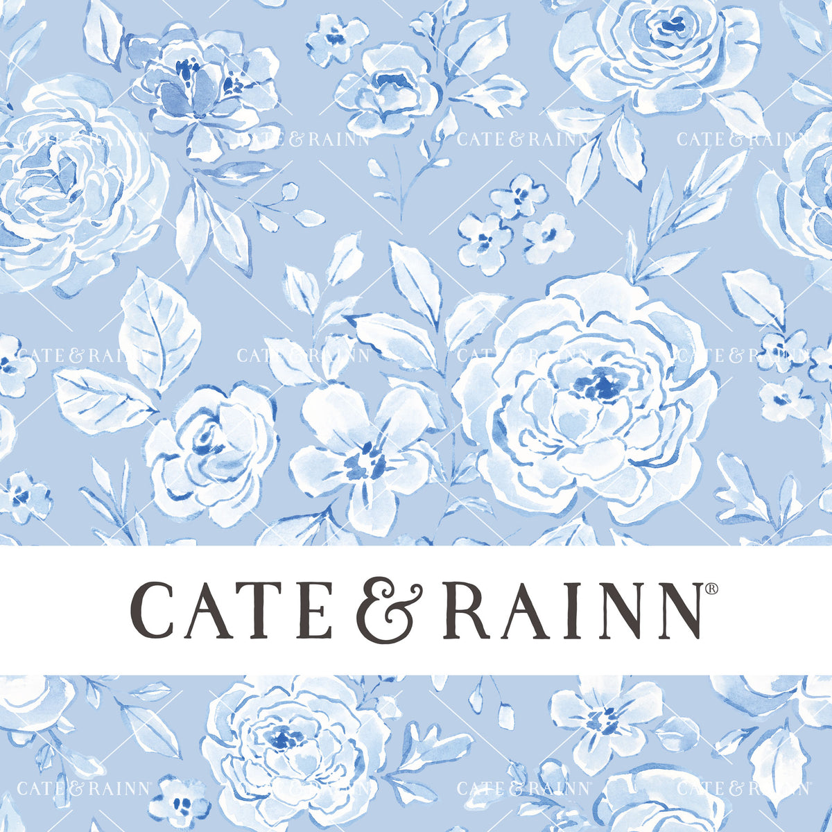 Romantic blue floral pattern featuring watercolor flowers with Cate and Rainn branding.