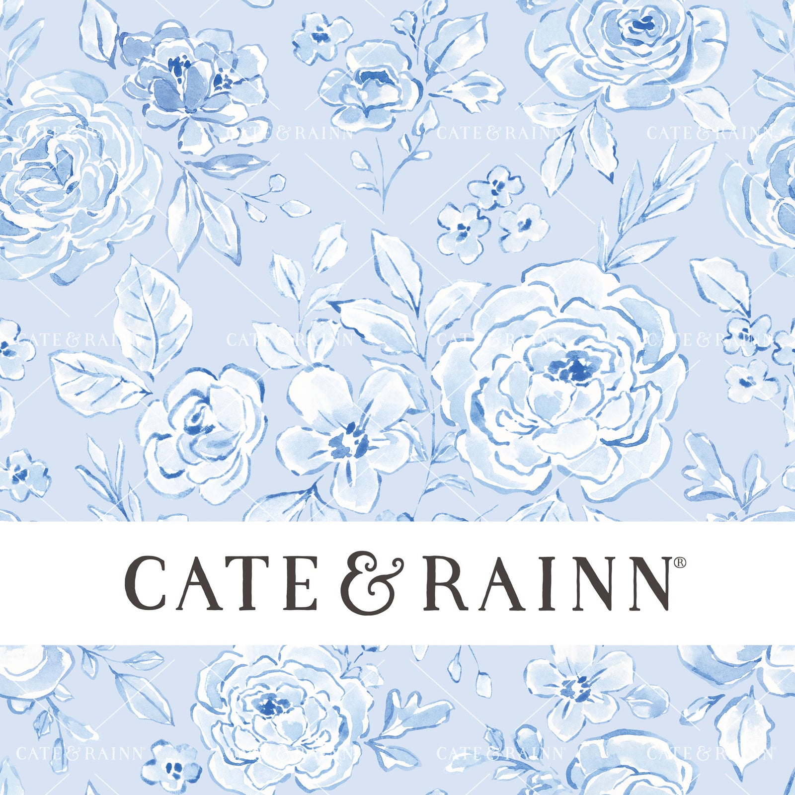 Decorative pattern for portfolio featuring blue coquette floral with Cate and Rainn branding.