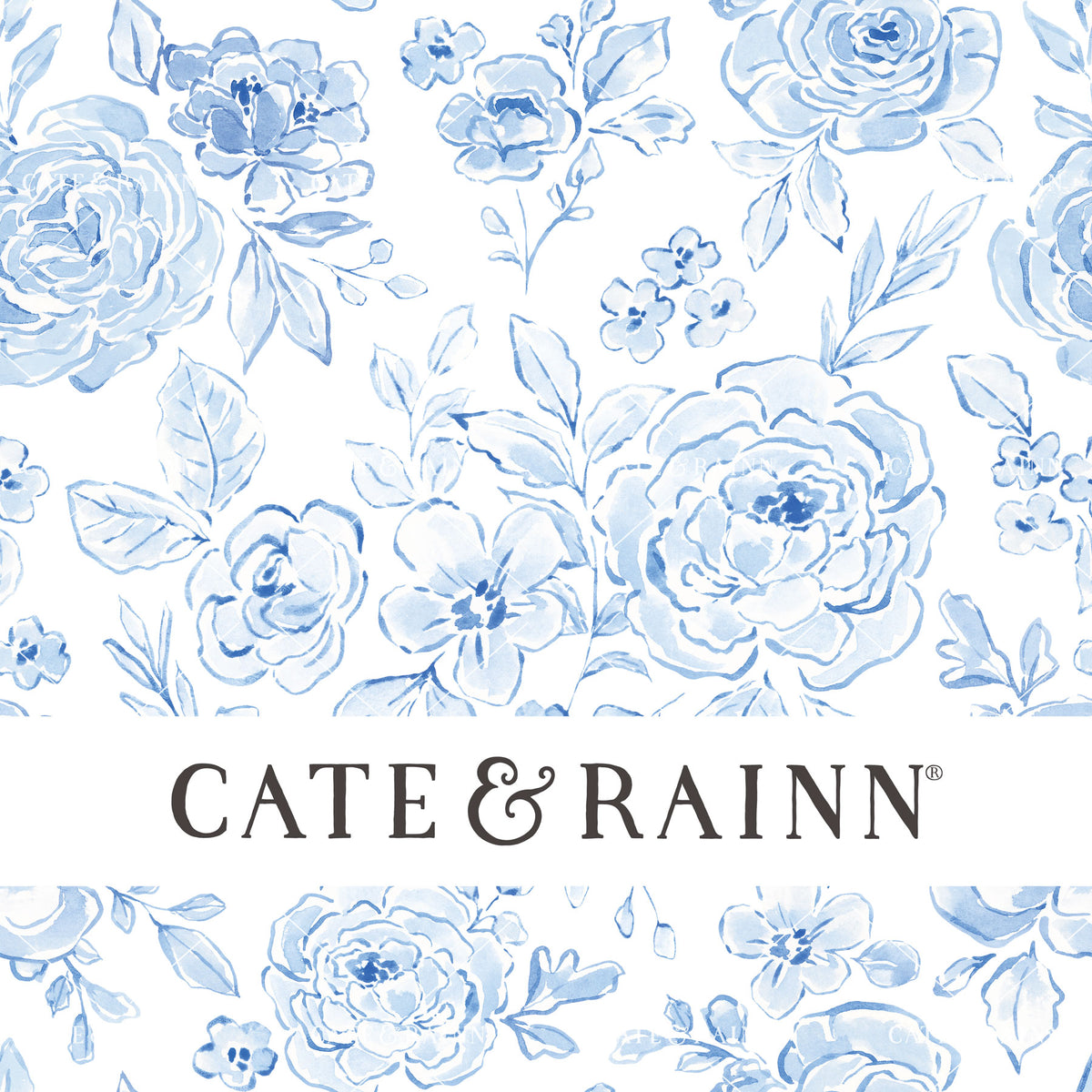 Decorative pattern for portfolio featuring blue coquette floral with Cate and Rainn branding.