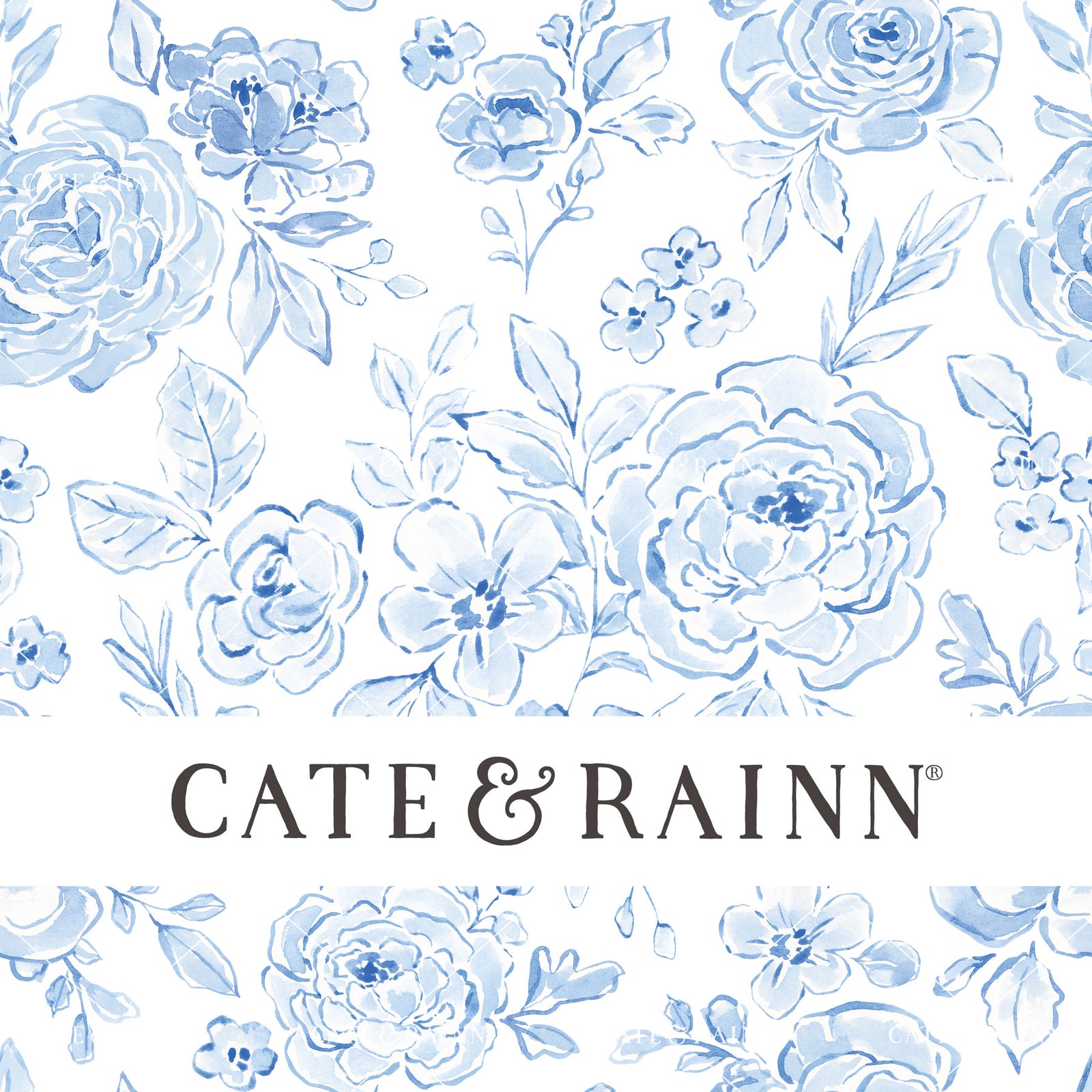 Decorative pattern for portfolio featuring blue coquette floral with Cate and Rainn branding.