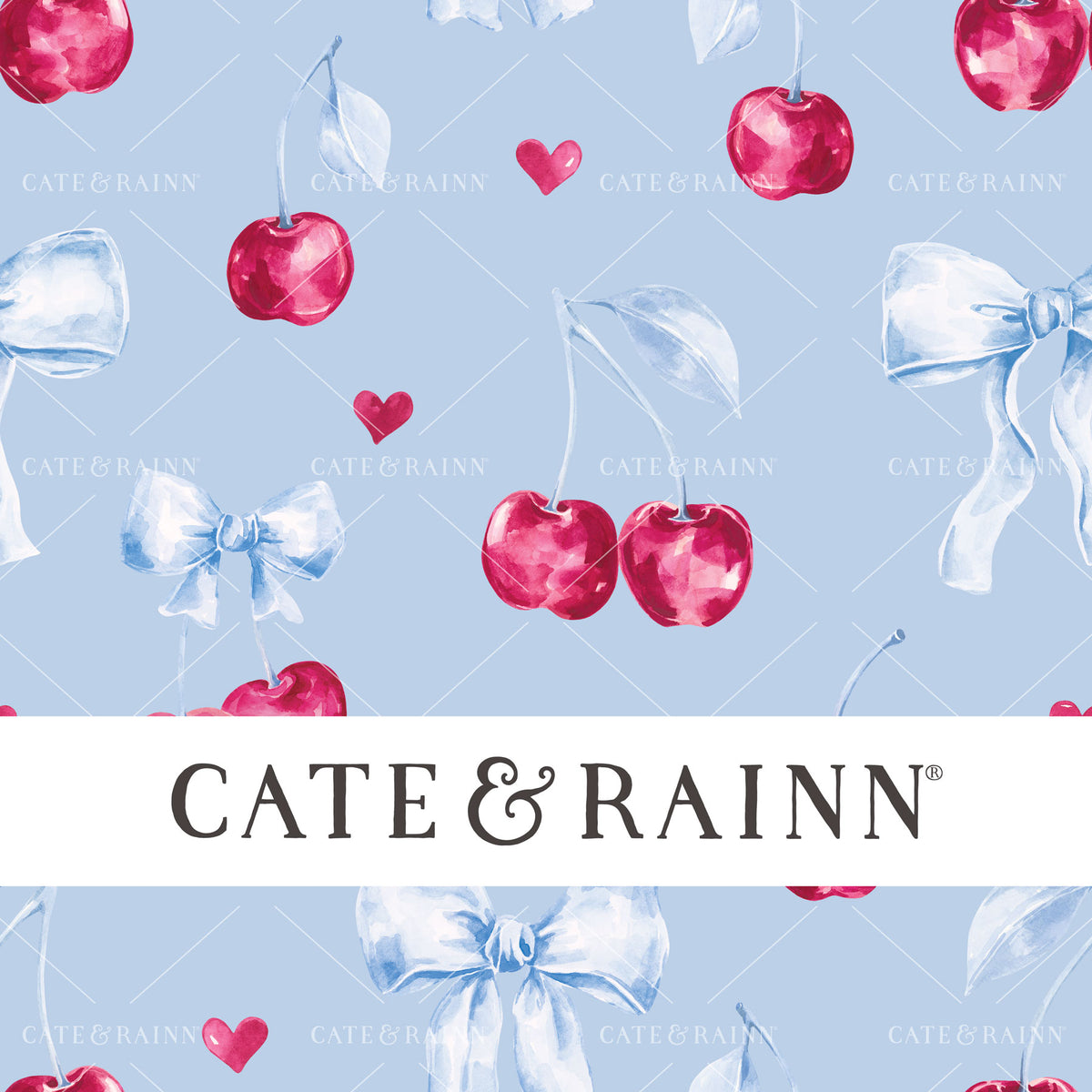 Decorative pattern for portfolio featuring watercolor cherries and coquette bows with Cate and Rainn branding.