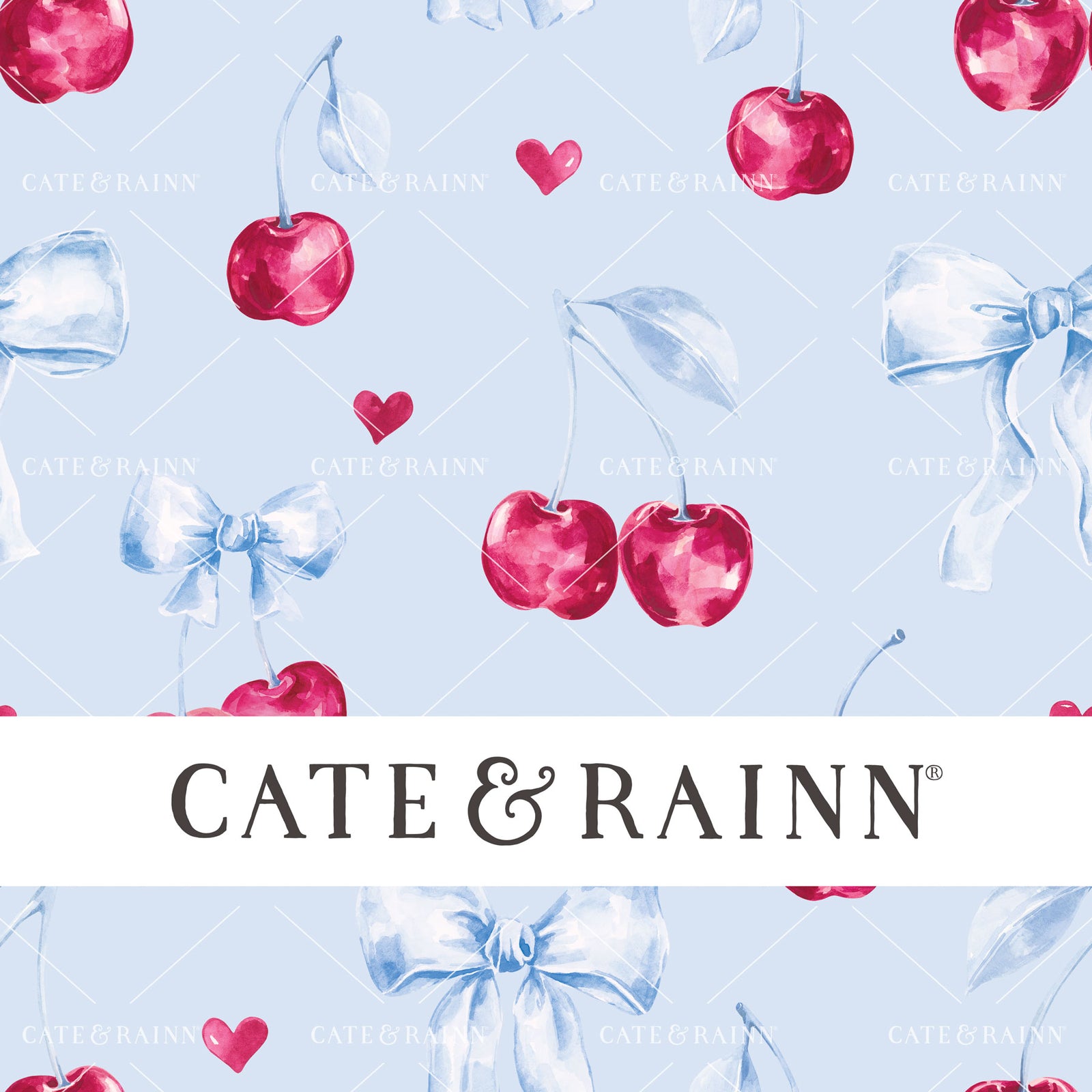 Decorative pattern for portfolio featuring cherries and bows with Cate and Rainn branding.