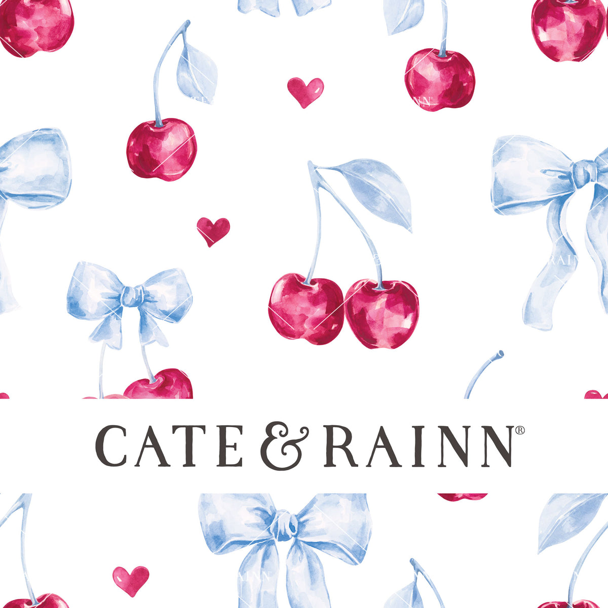 Decorative pattern for portfolio featuring cherries and bows with Cate and Rainn branding.