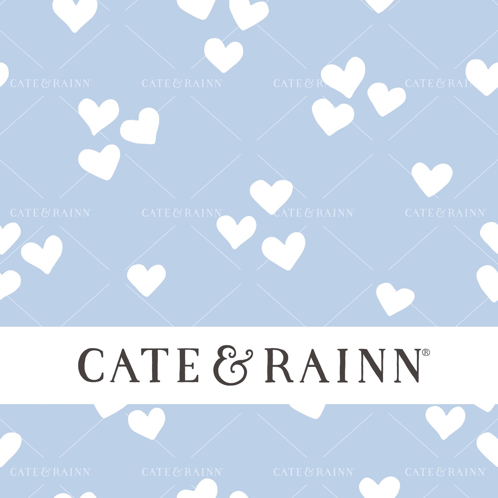 Decorative pattern for portfolio featuring a blue and white heart design with Cate and Rainn branding.
