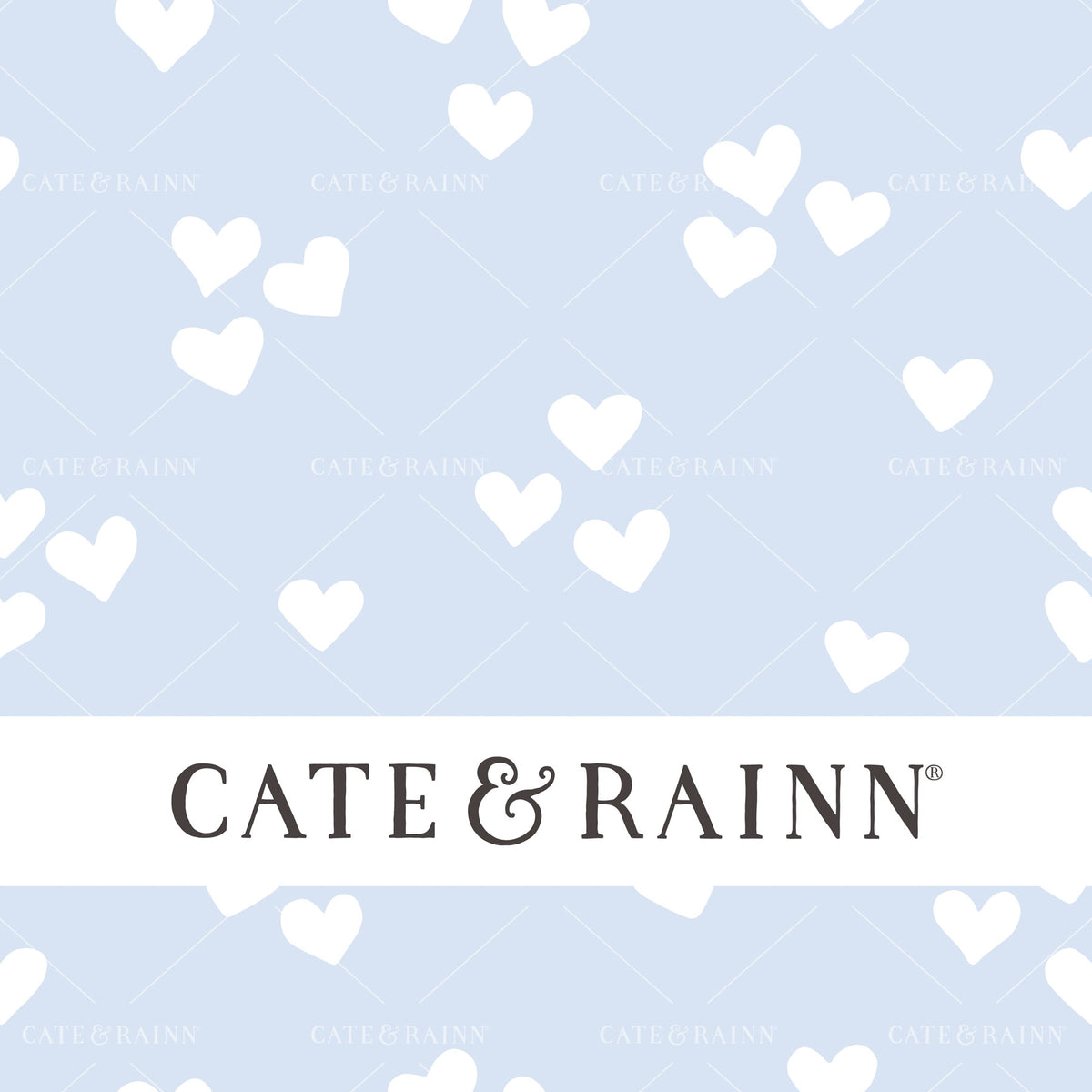 Decorative pattern for portfolio featuring a blue and white heart design with Cate and Rainn branding.