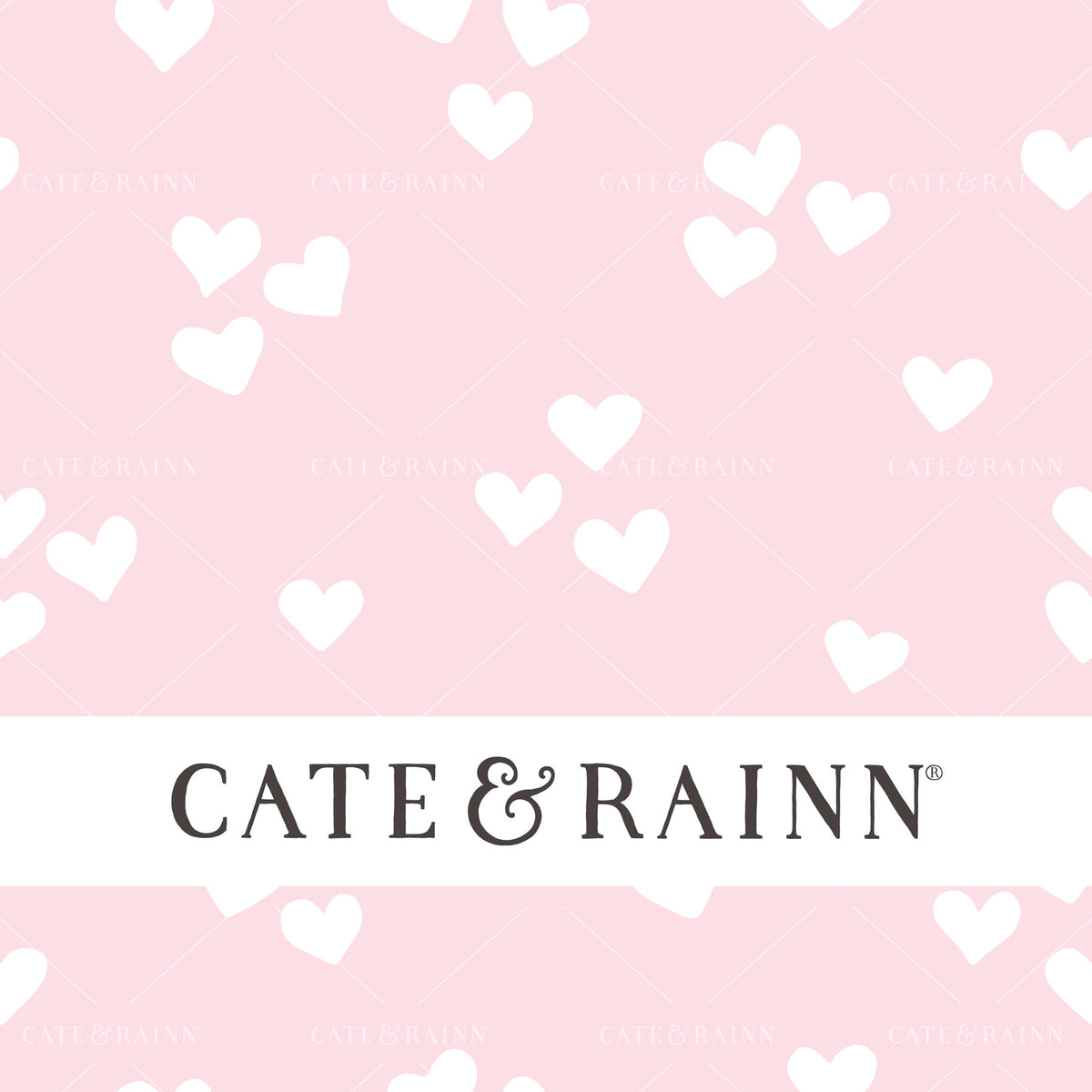Decorative pattern for portfolio featuring a pink and white heart design with Cate and Rainn branding.