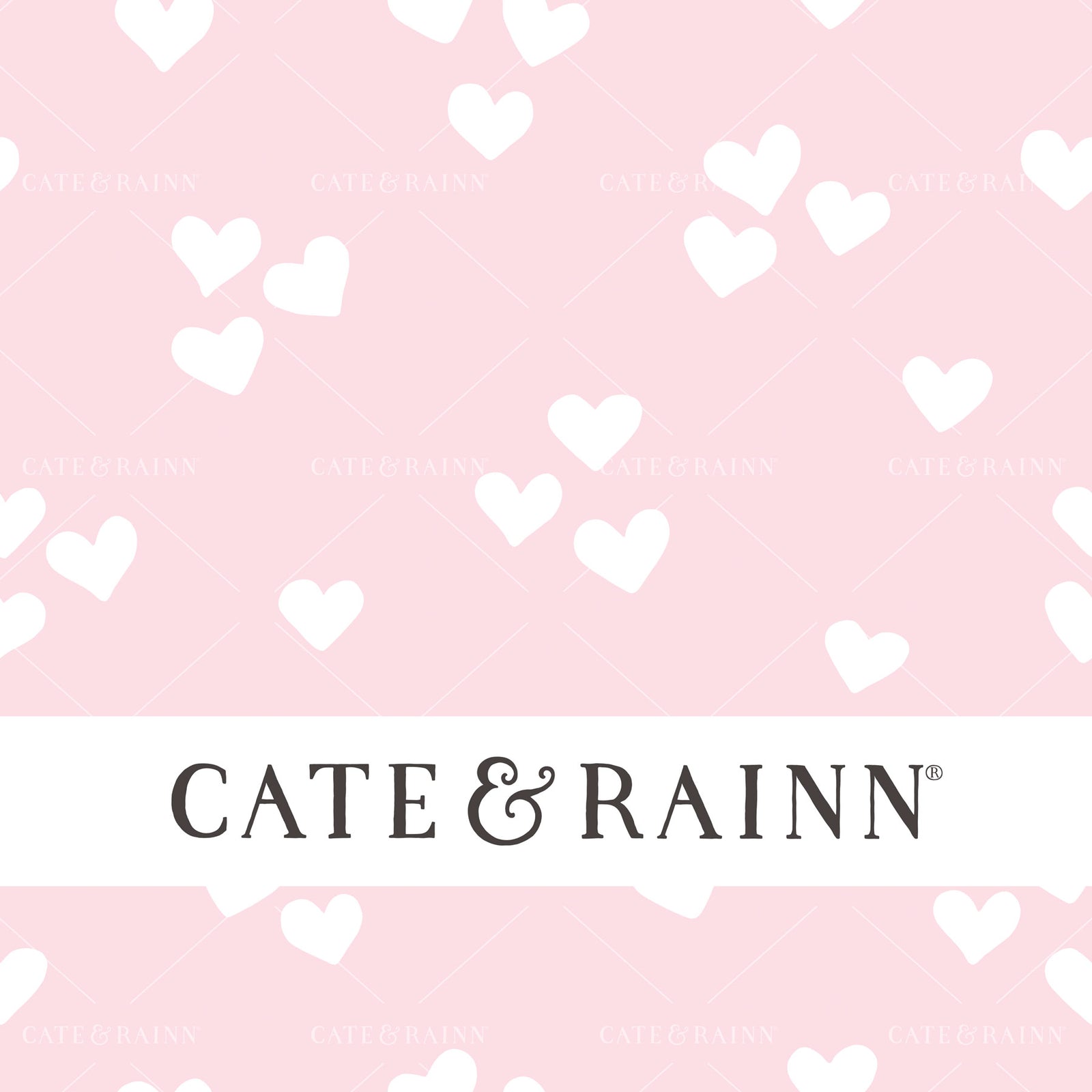 Decorative pattern for portfolio featuring a pink and white heart design with Cate and Rainn branding.