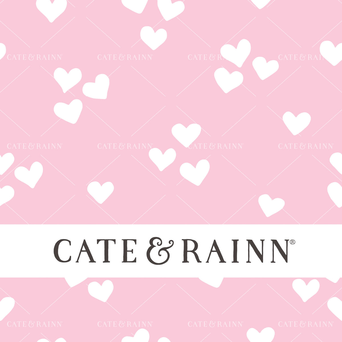 Decorative pattern for portfolio featuring a pink and white heart design with Cate and Rainn branding.
