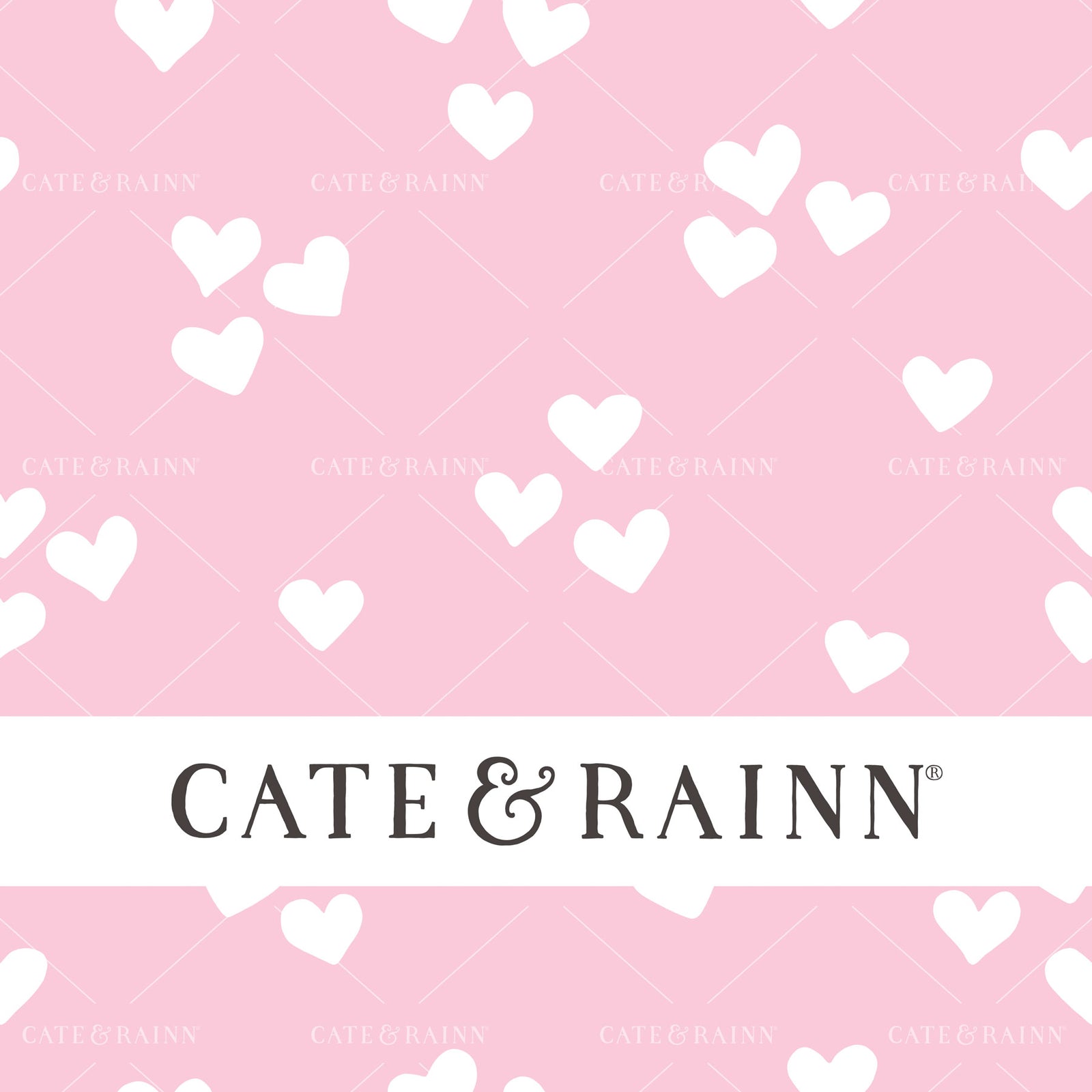 Decorative pattern for portfolio featuring a pink and white heart design with Cate and Rainn branding.