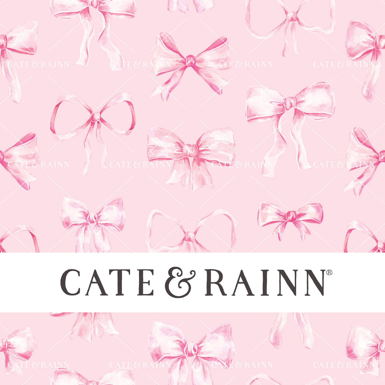 Decorative pattern for portfolio featuring pink watercolor bows with Cate and Rainn branding.