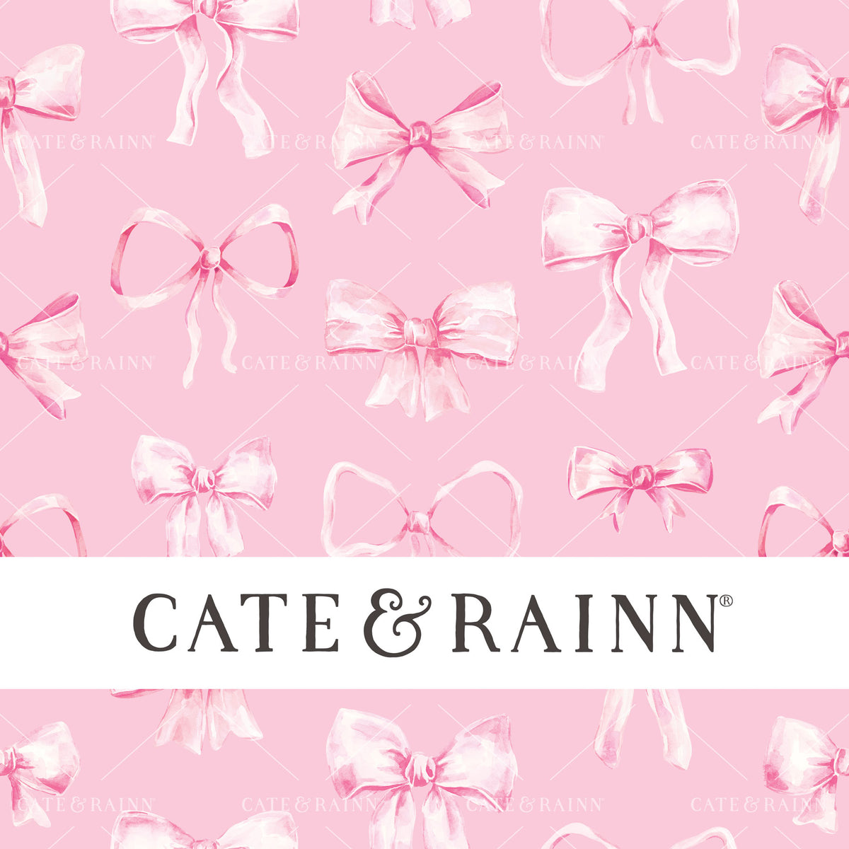 Pattern of pink coquette style bows with Cate &amp; Rainn logo at the bottom on a pink background