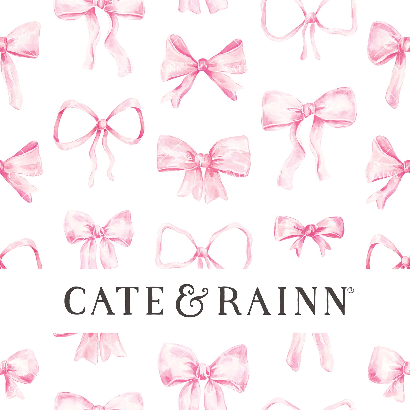 Decorative pattern for portfolio featuring pink watercolor bows with Cate and Rainn branding.
