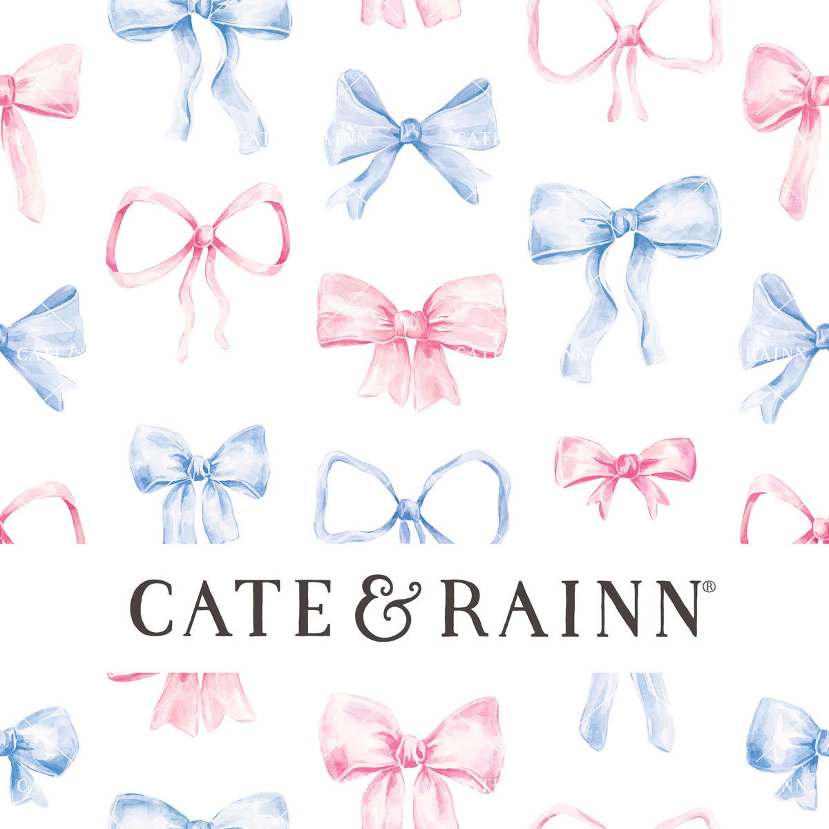Decorative pattern for portfolio featuring blue and pink watercolor bows with Cate and Rainn branding.