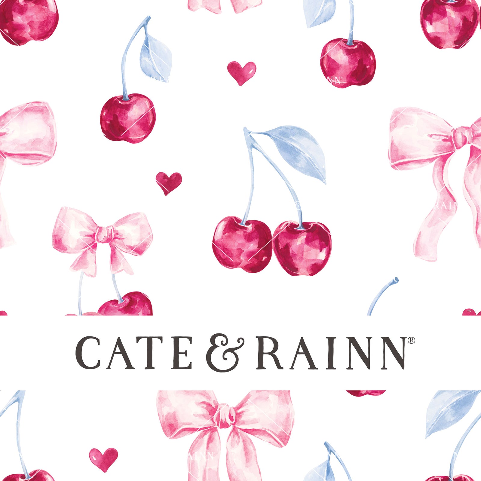 Decorative pattern for portfolio featuring pink and blue watercolor cherries, bows and hearts with Cate and Rainn branding.
