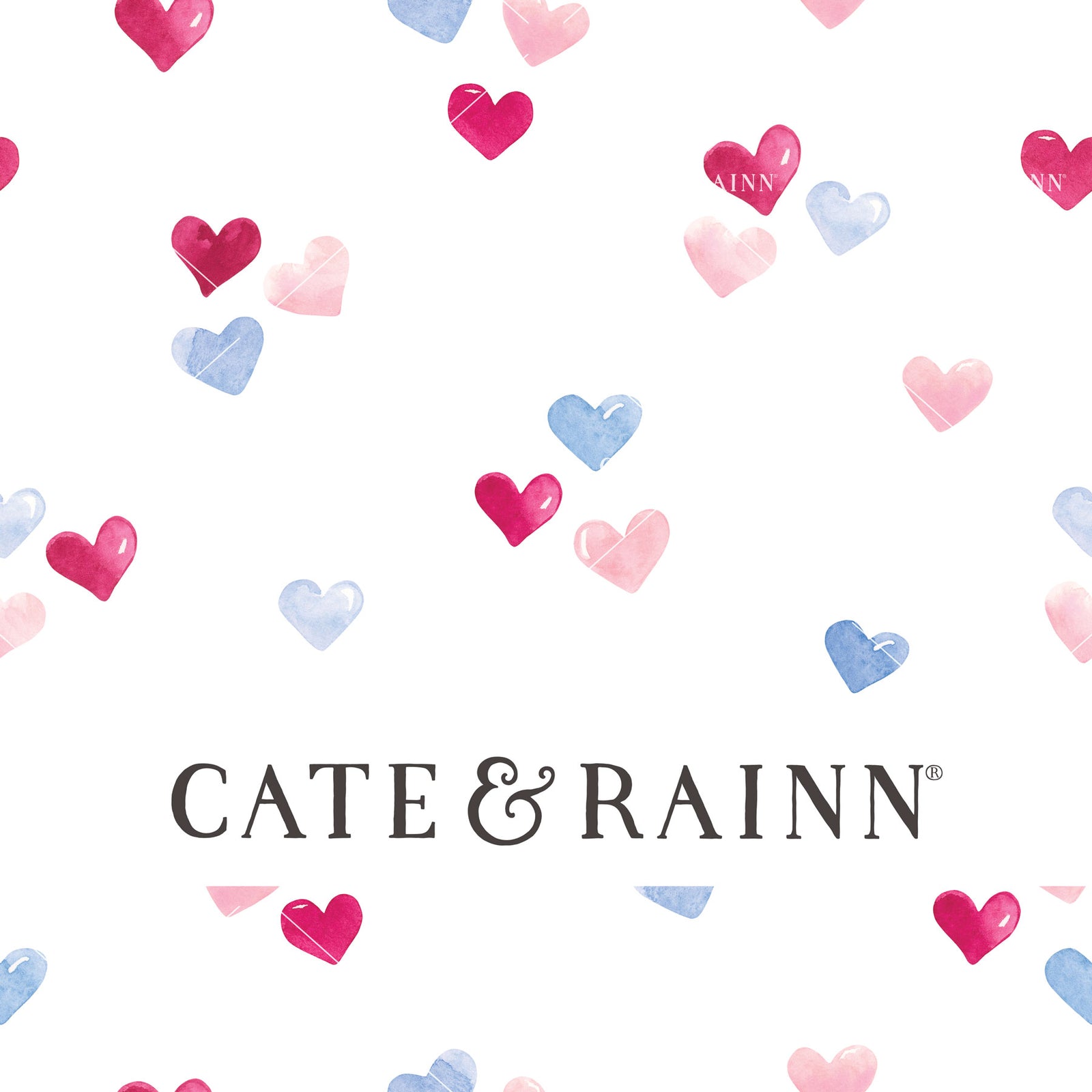 Decorative pattern for portfolio featuring pink and blue watercolor hearts with Cate and Rainn branding.