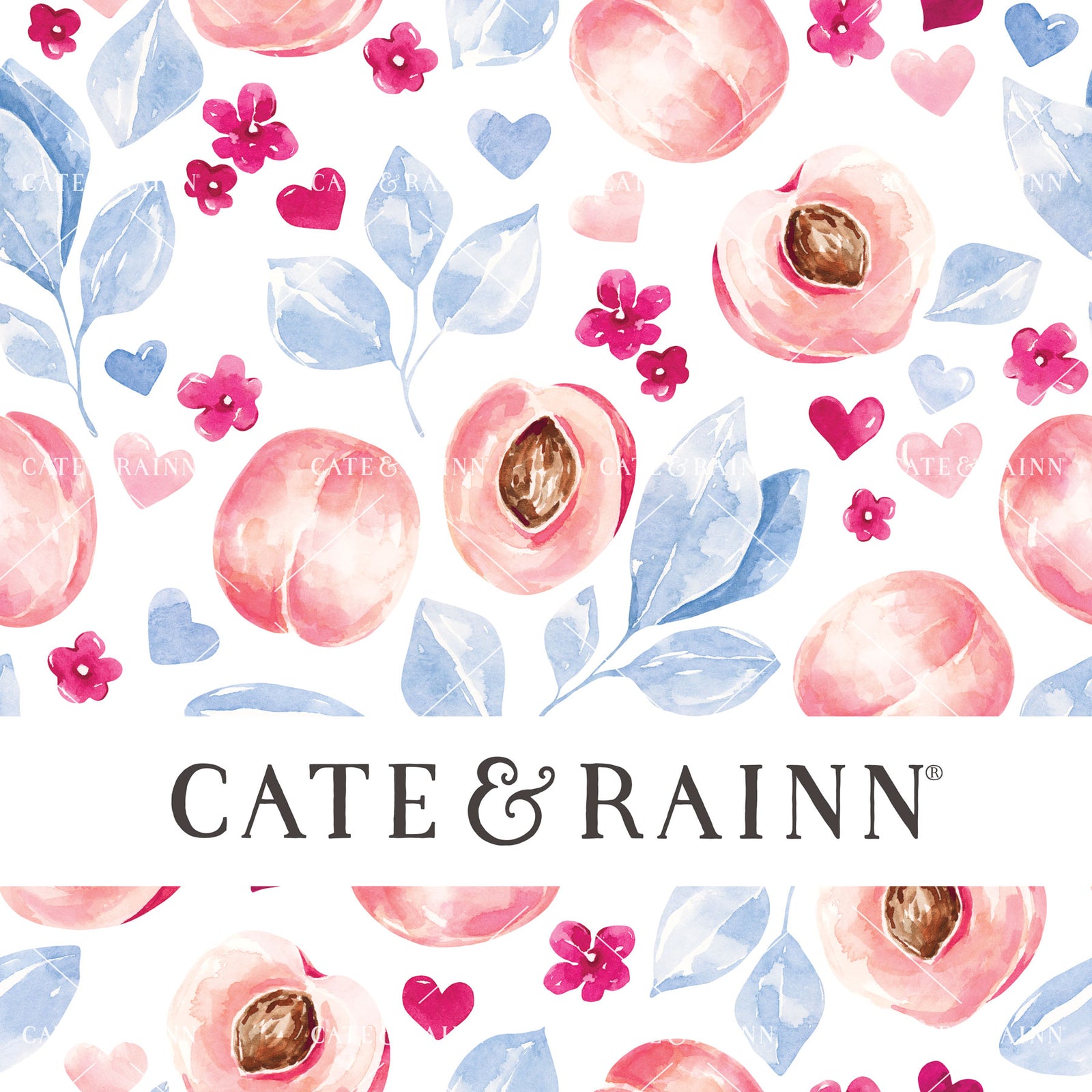 Decorative pattern for portfolio featuring blue and pink watercolor peaches, flowers and hearts with Cate and Rainn branding.