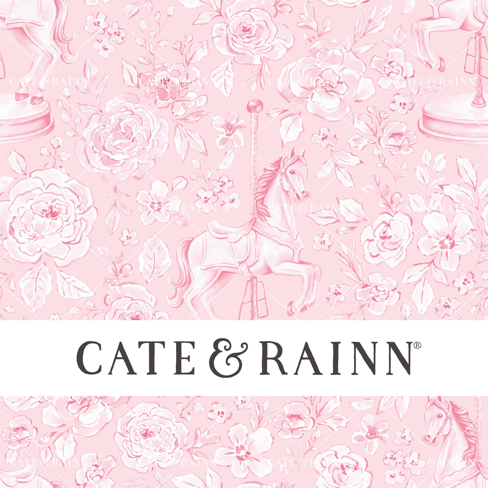 Decorative pattern for portfolio featuring carousel horse and flowers with Cate and Rainn branding.
