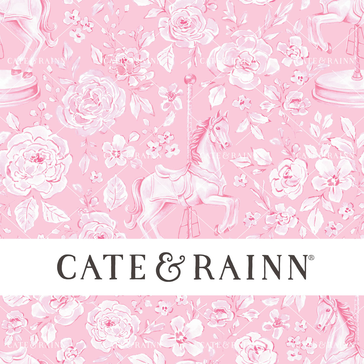 Delicate hand-painted pink watercolor carousel horse framed by romantic florals in a soft coquette aesthetic on a pink background with Cate and Rainn branding.