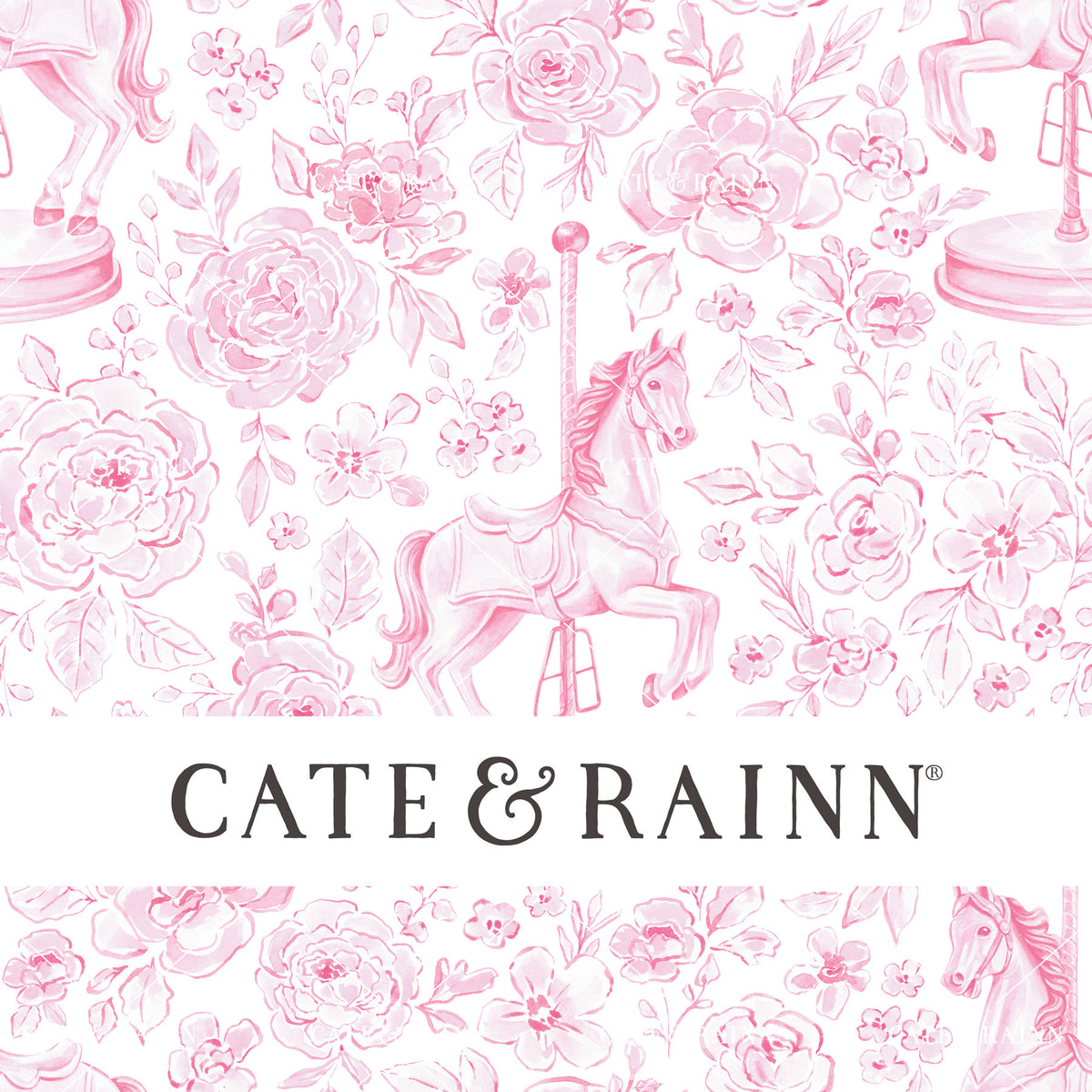 Delicate hand-painted pink watercolor carousel horse framed by romantic florals in a soft coquette aesthetic on a white background with Cate and Rainn branding.