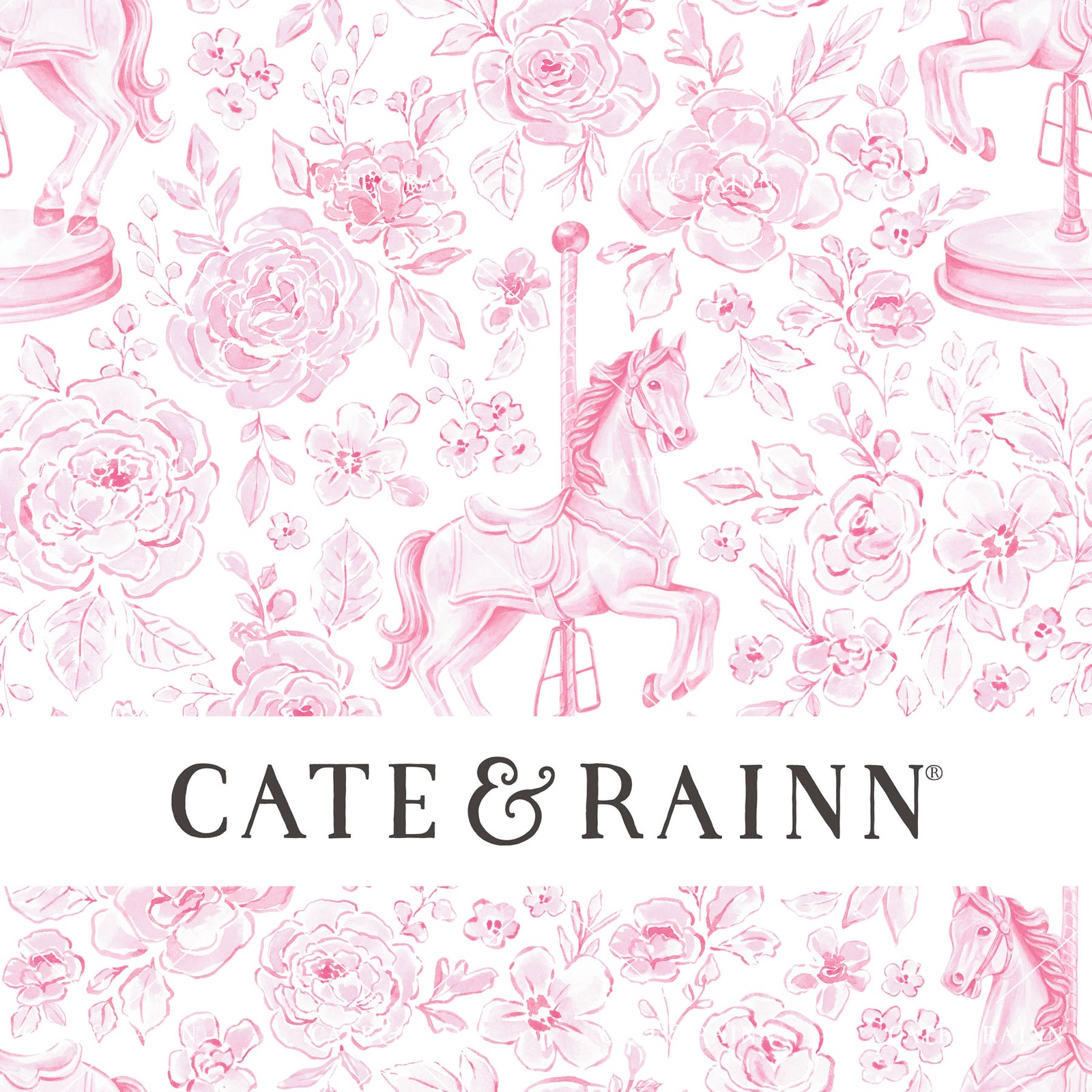 Decorative pattern for portfolio featuring carousel horse and flowers with Cate and Rainn branding.