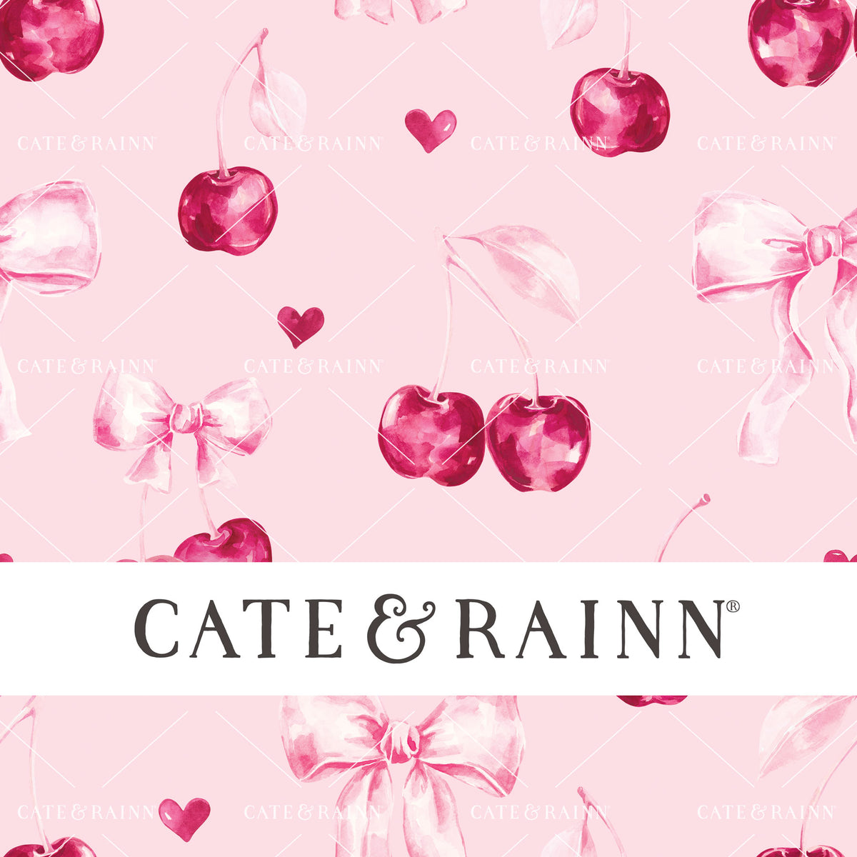 Decorative pattern for portfolio featuring watercolor cherries and pink bows on a light pink background with Cate and Rainn branding.