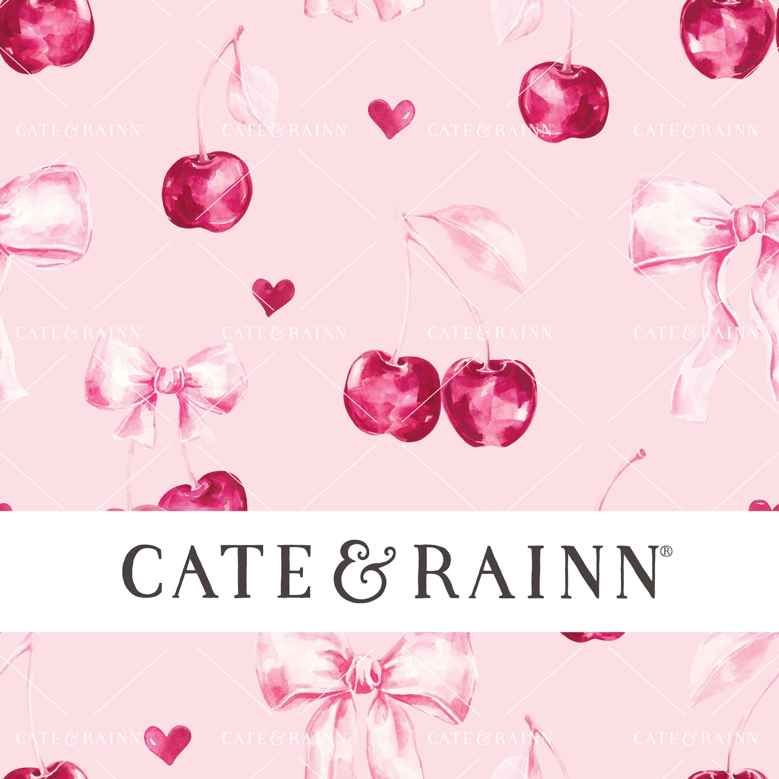 Decorative pattern for portfolio featuring cherries and bows with Cate and Rainn branding.