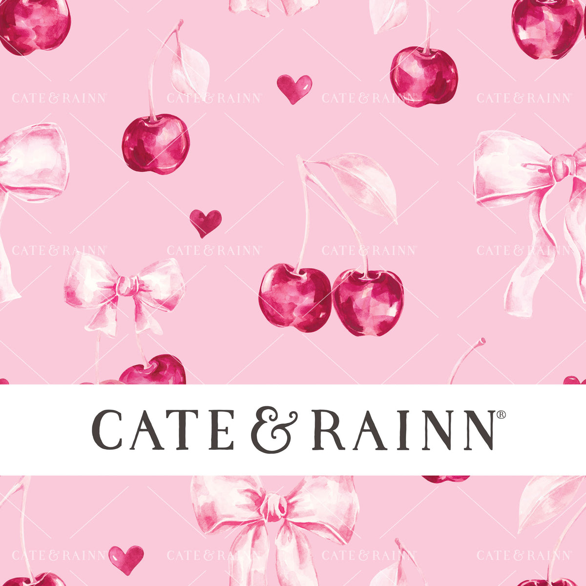 Decorative pattern for portfolio featuring watercolor cherries and pink bows on a light pink background with Cate and Rainn branding.