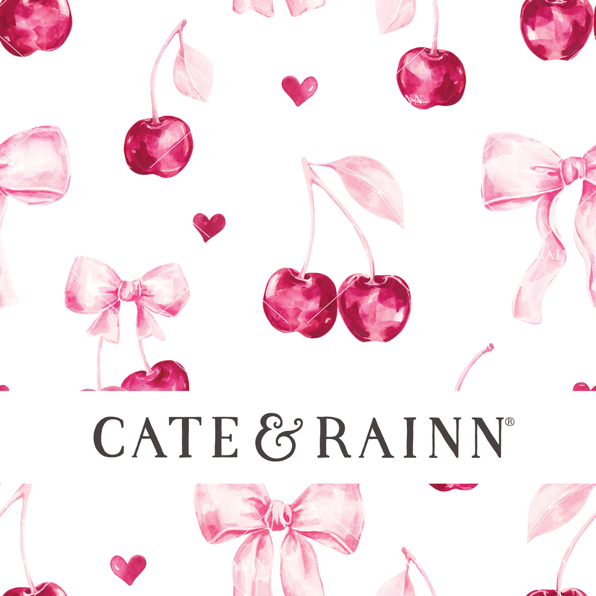 Decorative pattern for portfolio featuring watercolor cherries and pink bows with Cate and Rainn branding.