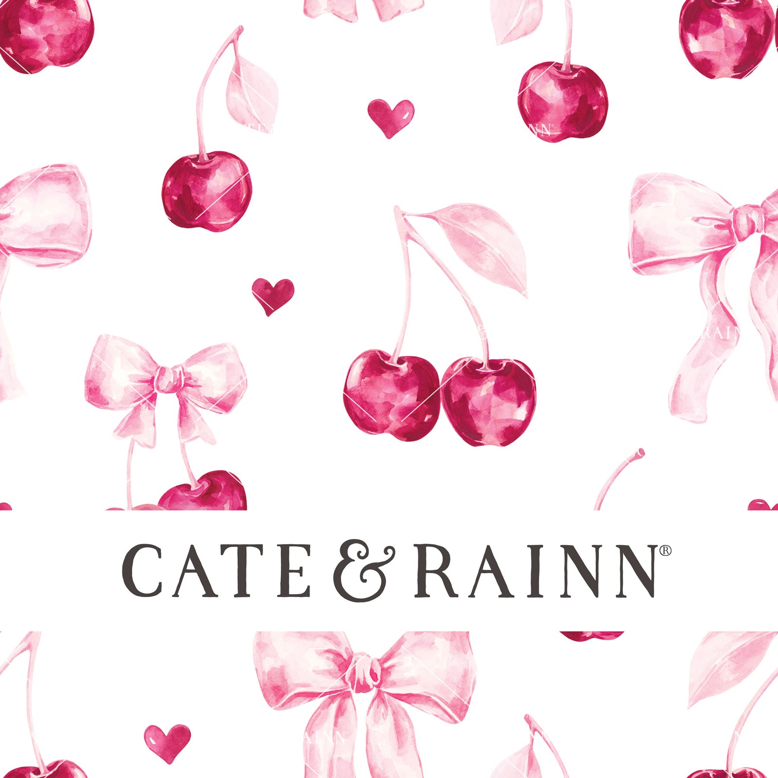 Decorative pattern for portfolio featuring cherries and bows with Cate and Rainn branding.