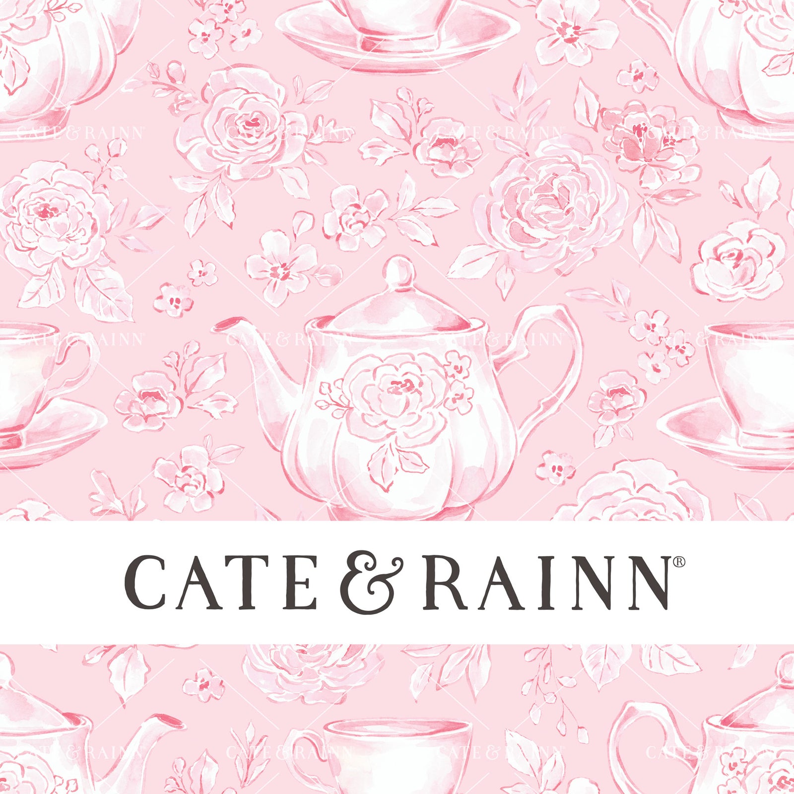 Decorative pattern for portfolio featuring pink coquette floral tea set with Cate and Rainn branding.
