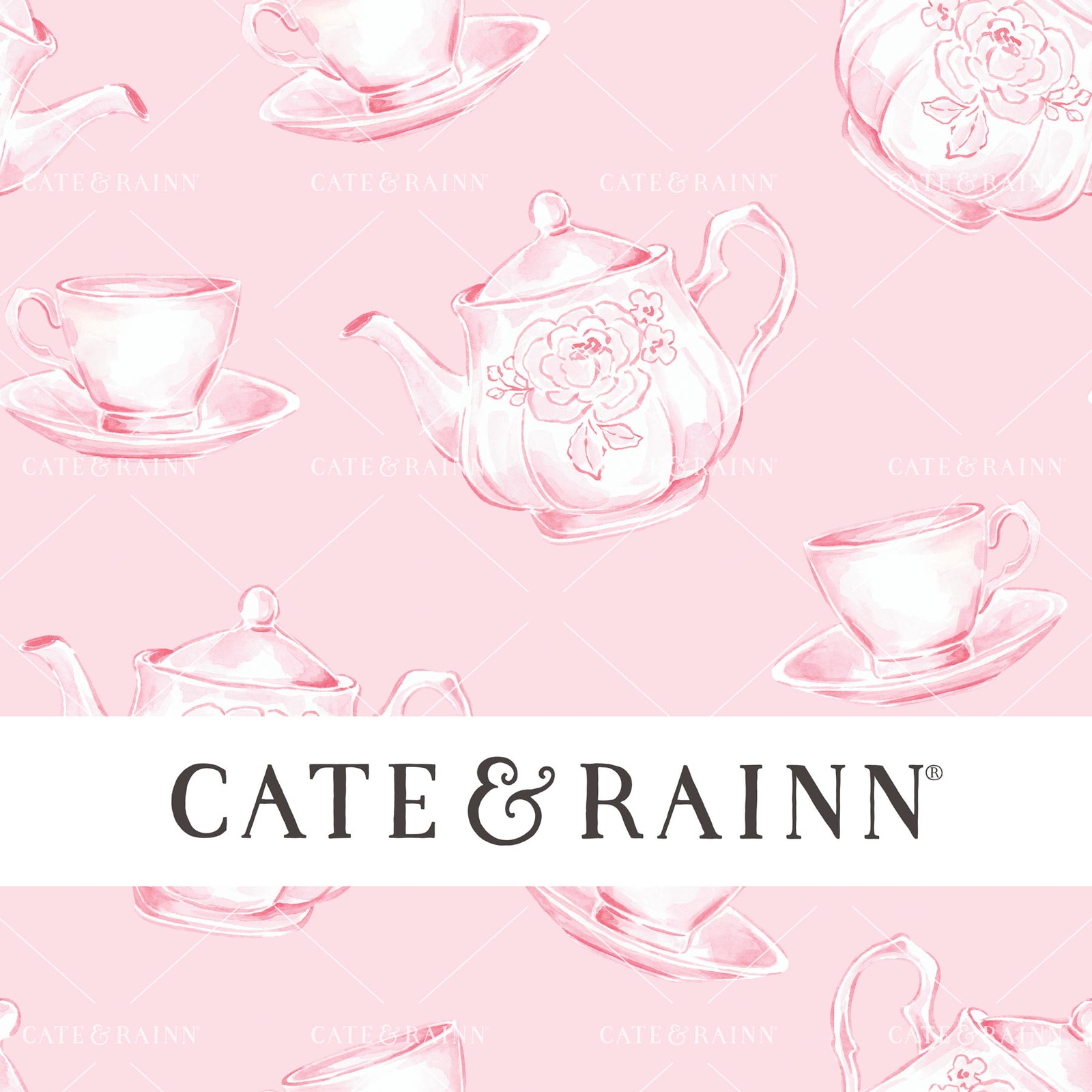 Decorative pattern for portfolio featuring pink coquette floral tea set with Cate and Rainn branding.