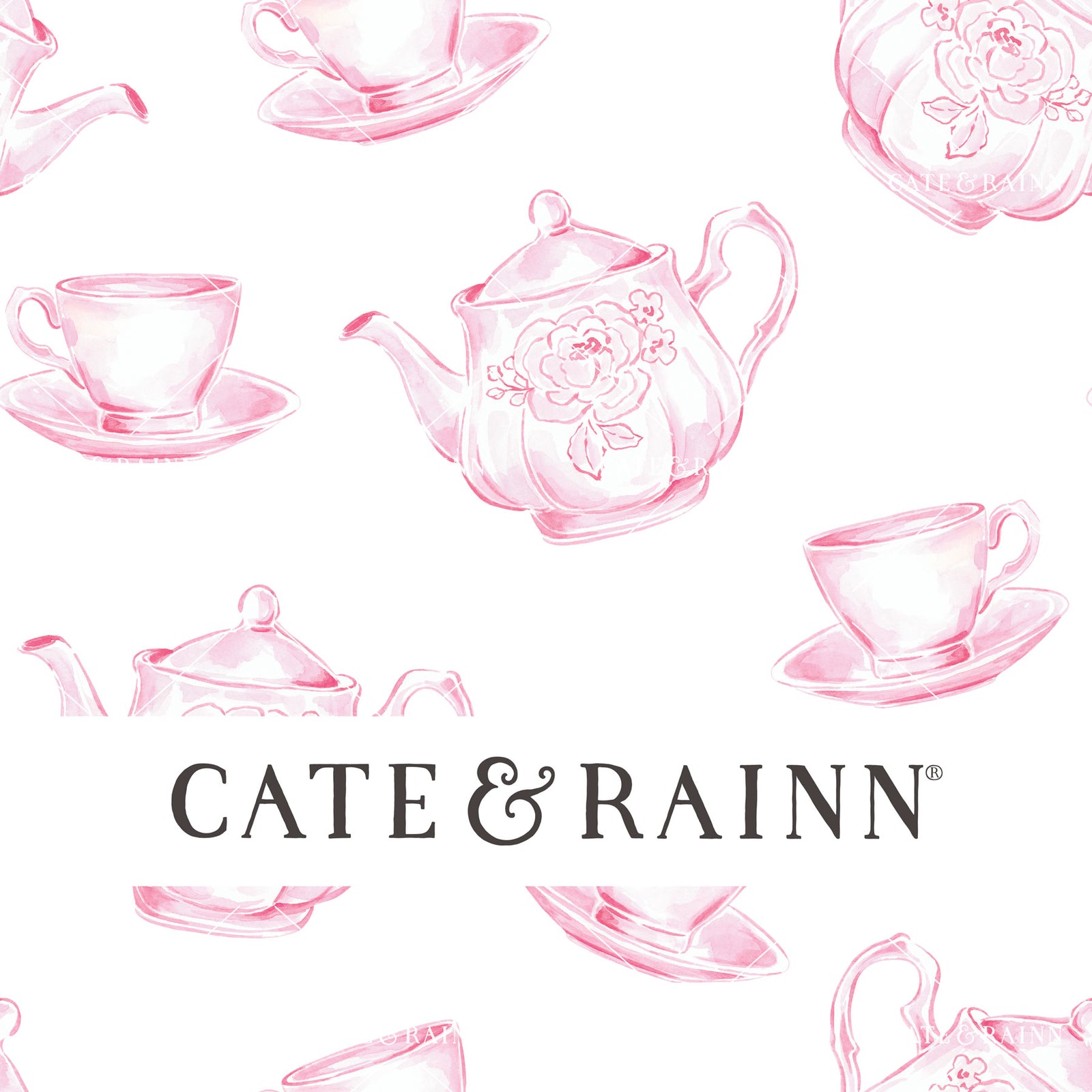 Decorative pattern for portfolio featuring pink coquette floral tea set with Cate and Rainn branding.
