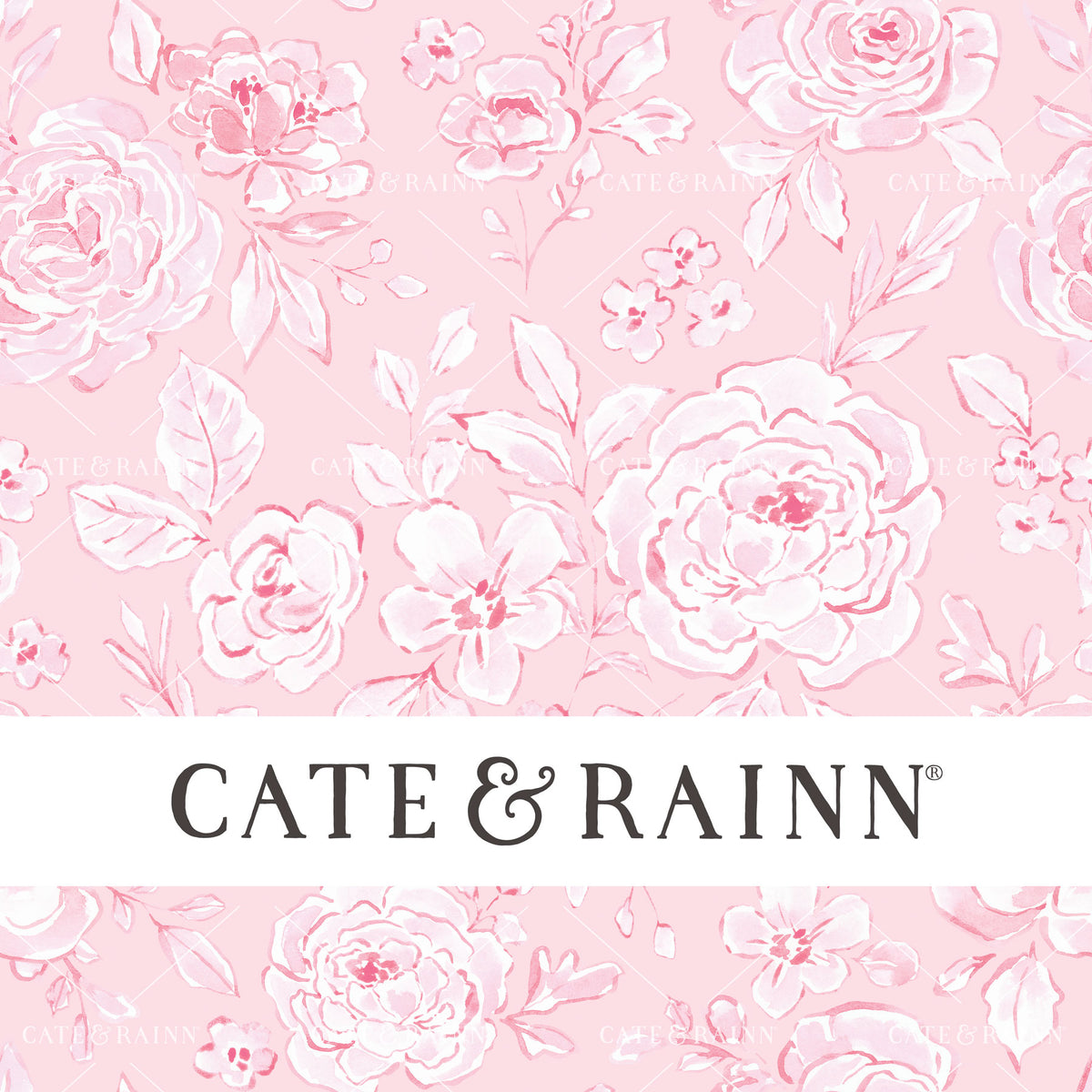 Decorative pattern for portfolio featuring pink watercolor coquette floral with Cate and Rainn branding.