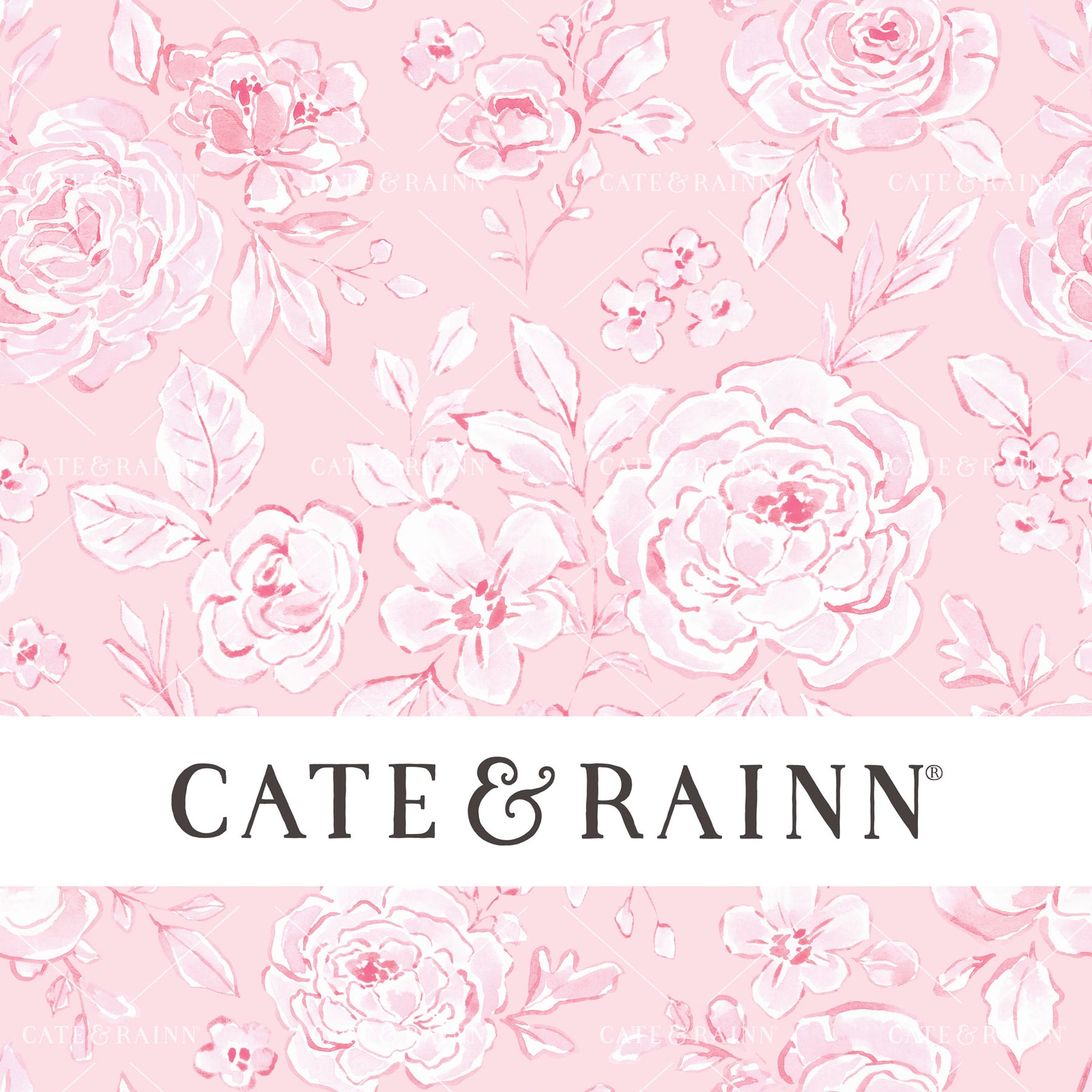 Decorative pattern for portfolio featuring pink coquette floral with Cate and Rainn branding.