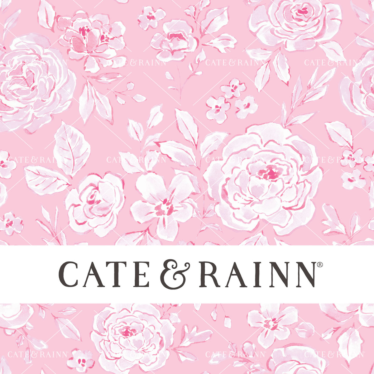 Watercolor pink floral pattern design in a coquette aesthetic with Cate and Rainn branding.
