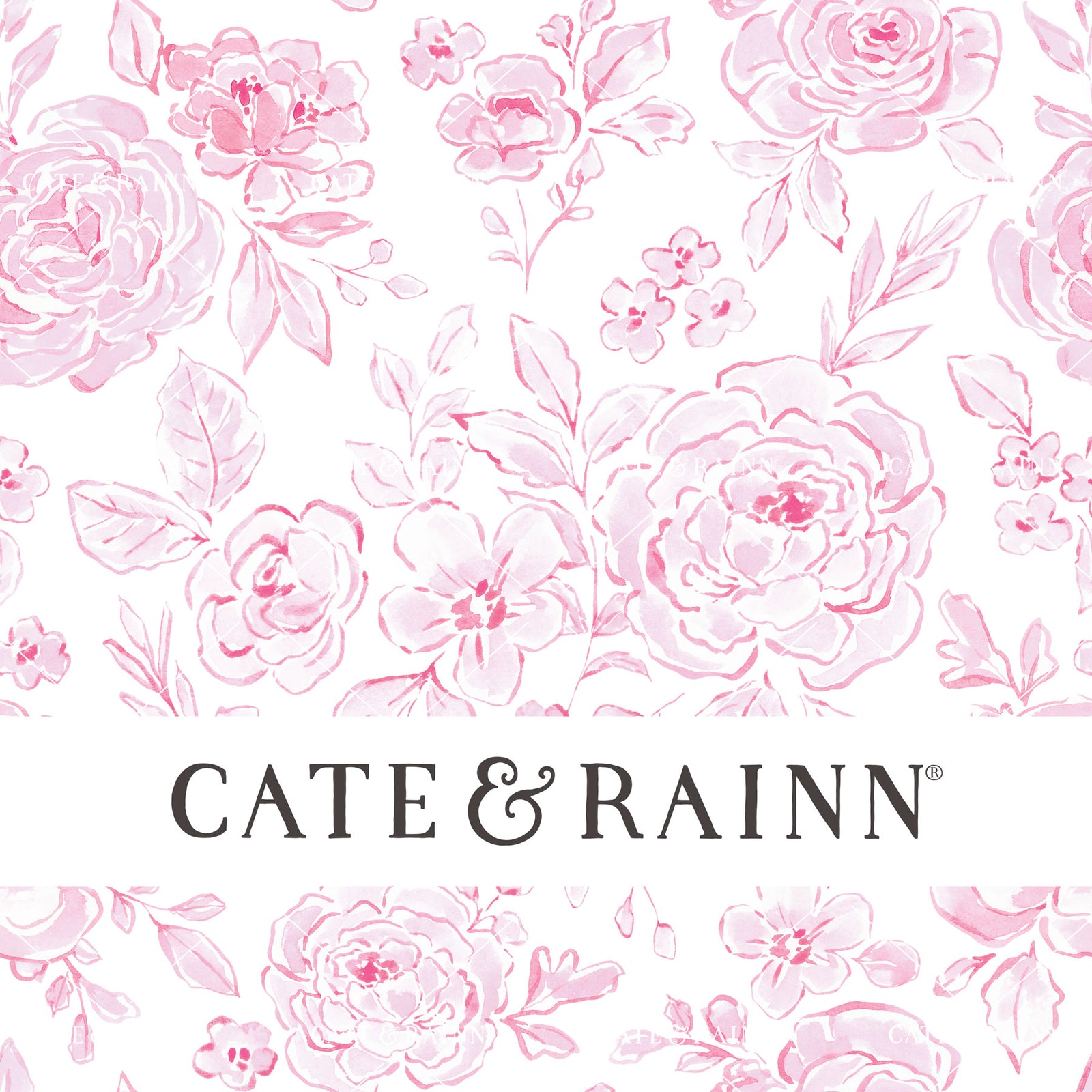 Decorative pattern for portfolio featuring pink coquette floral with Cate and Rainn branding.