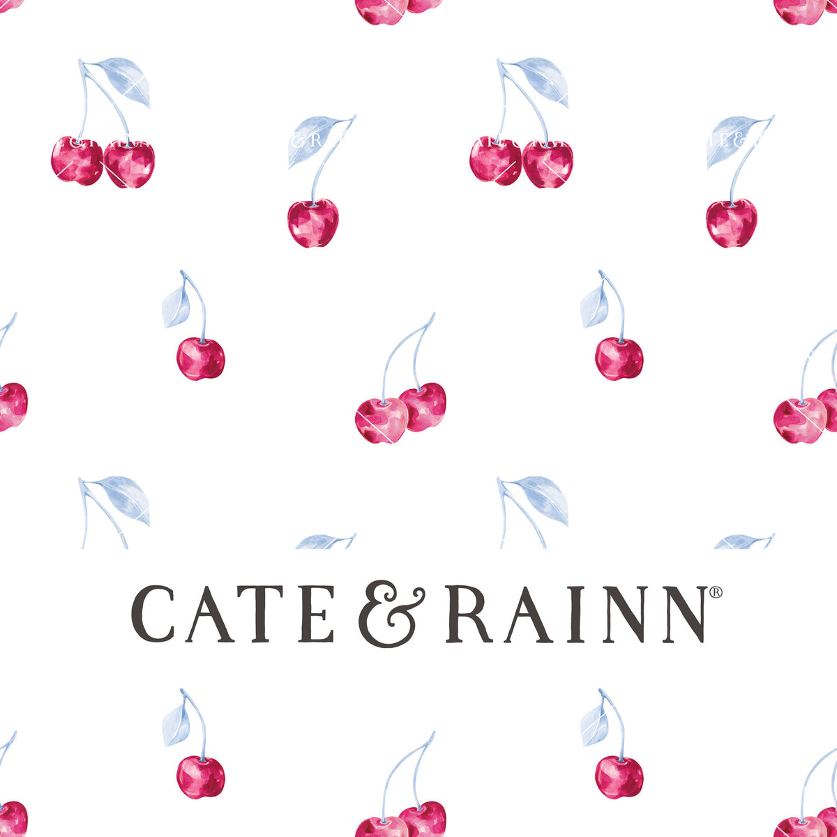 Decorative pattern for portfolio featuring pink and blue cherries with Cate and Rainn branding.