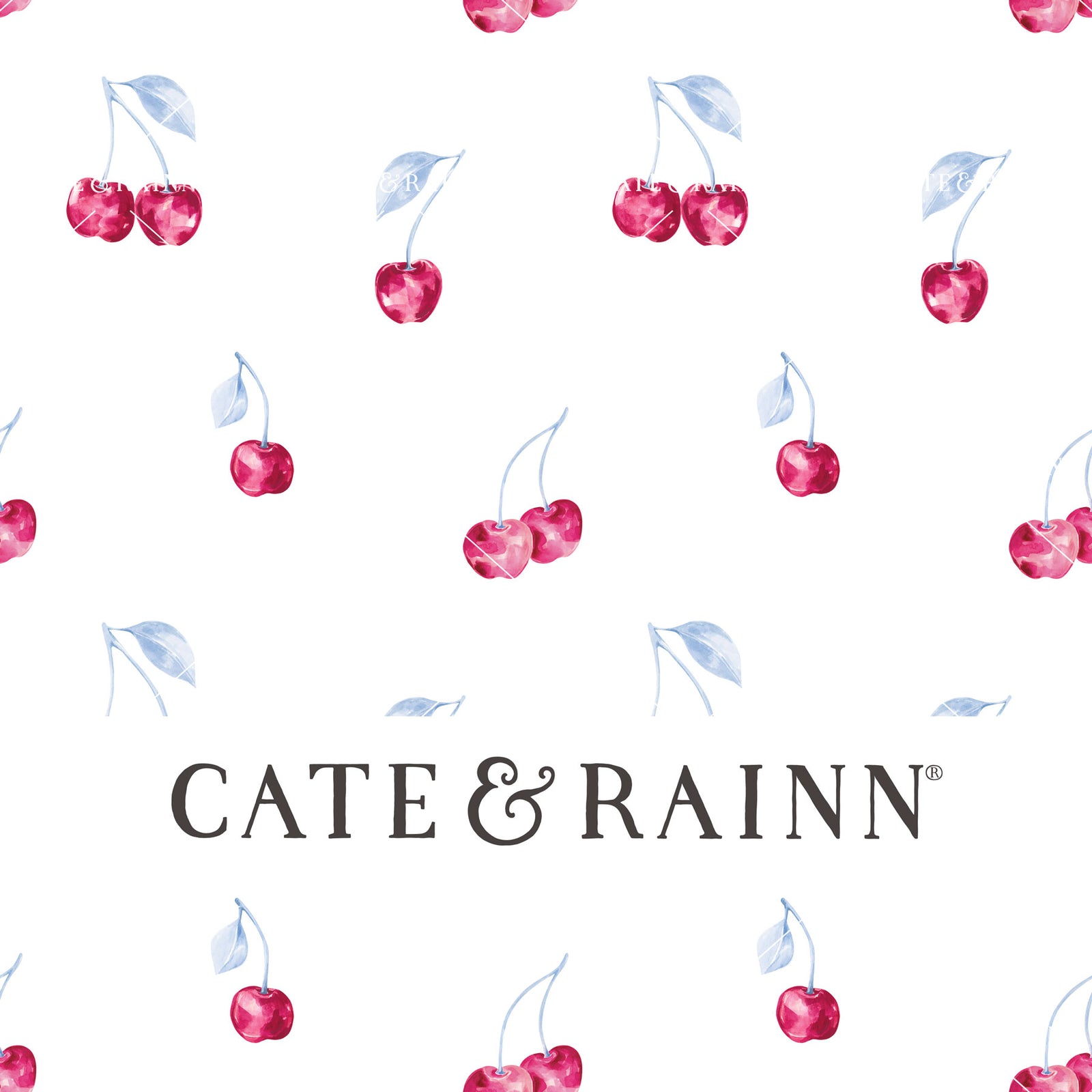 Decorative pattern for portfolio featuring cherries and bows with Cate and Rainn branding.