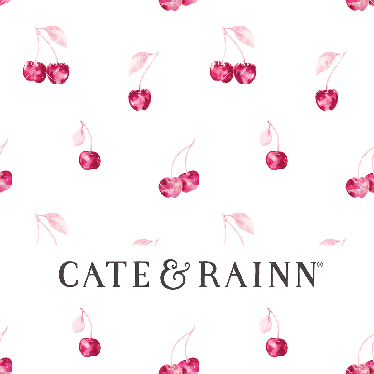 Decorative pattern for portfolio featuring cherries and bows with Cate and Rainn branding.