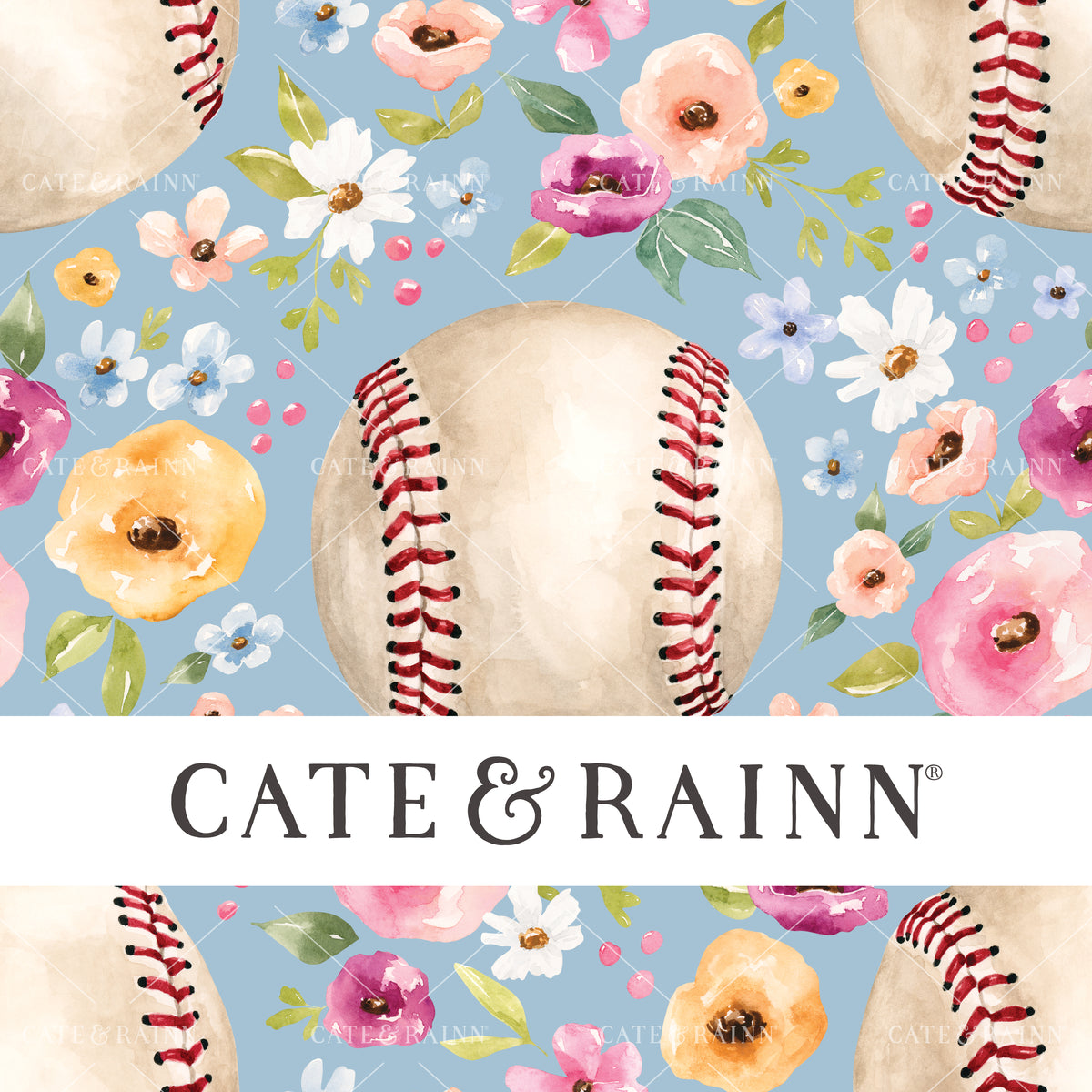 A hand-painted watercolor baseball floral design by Cate and Rainn®
