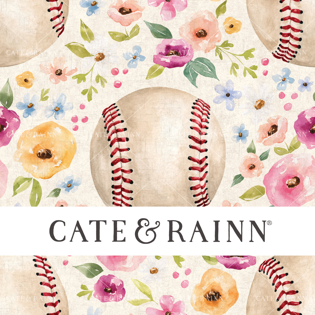 A hand-painted watercolor baseball floral design by Cate and Rainn®