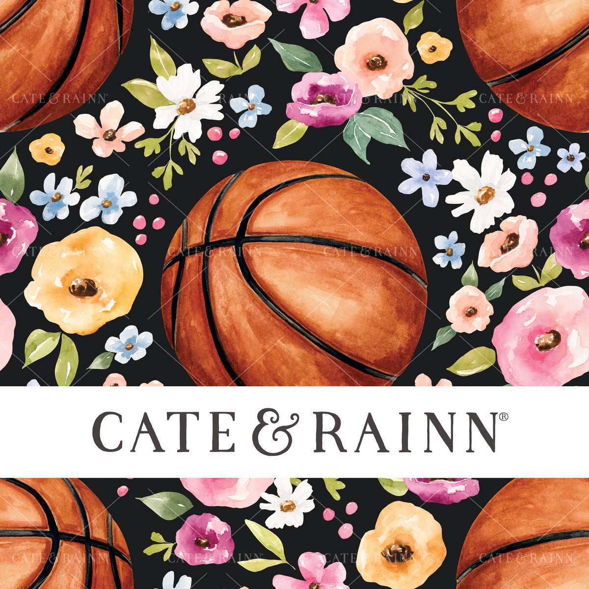 A hand-painted watercolor basketball floral design by Cate and Rainn®