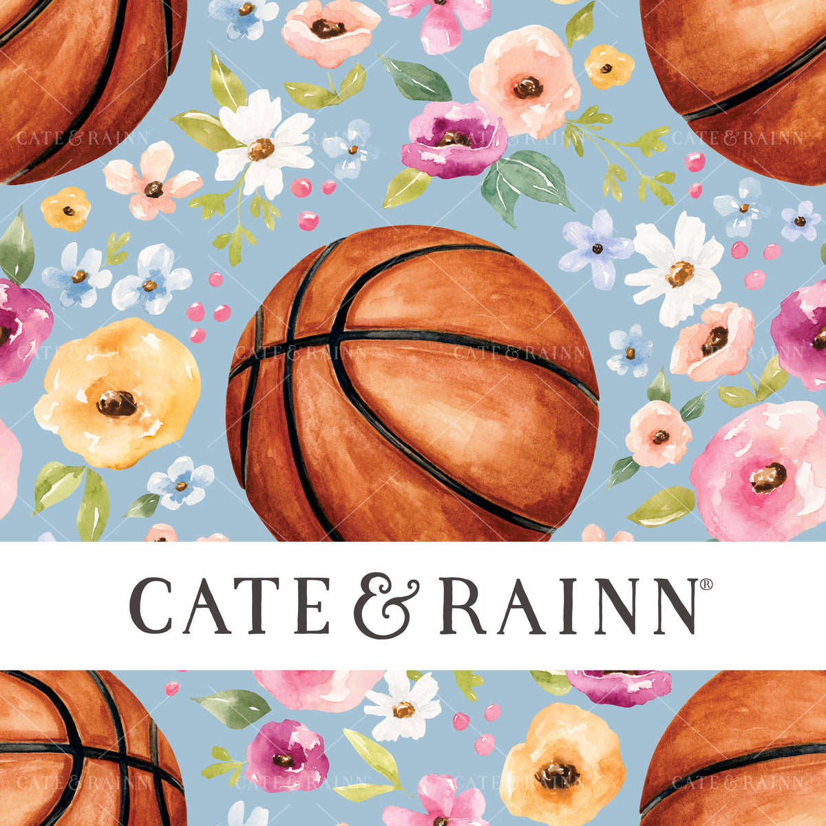 A hand-painted watercolor basketball floral design by Cate and Rainn®