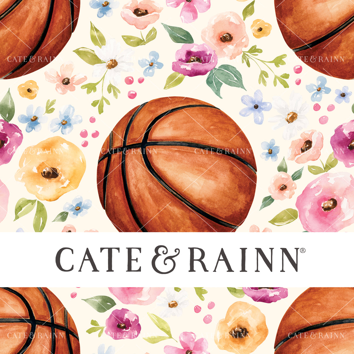 A hand-painted watercolor basketball floral design by Cate and Rainn®