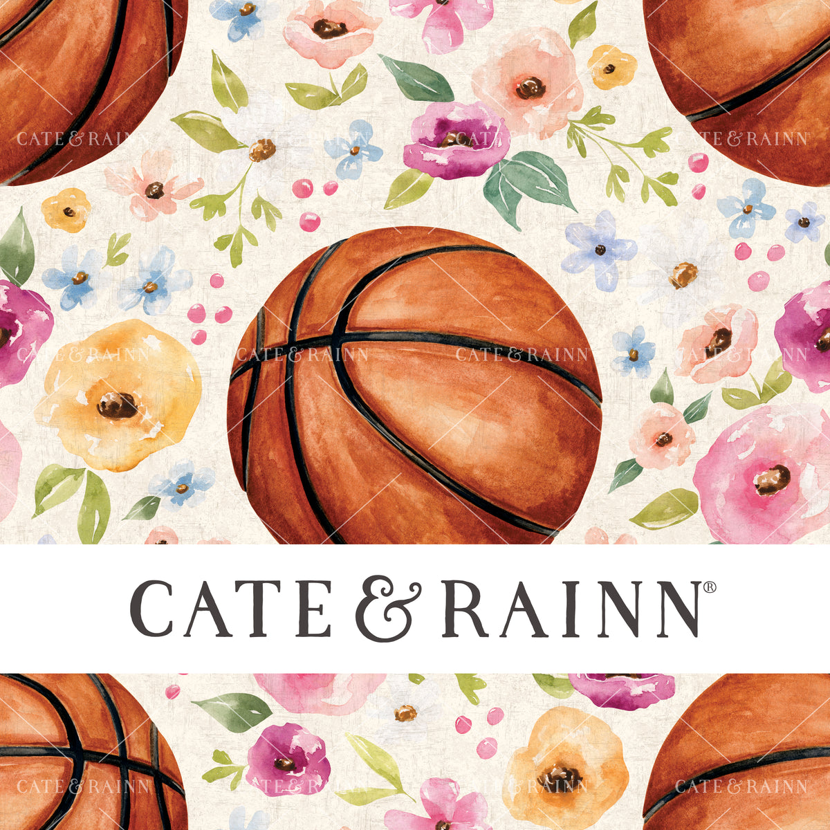 A hand-painted watercolor basketball floral design by Cate and Rainn®