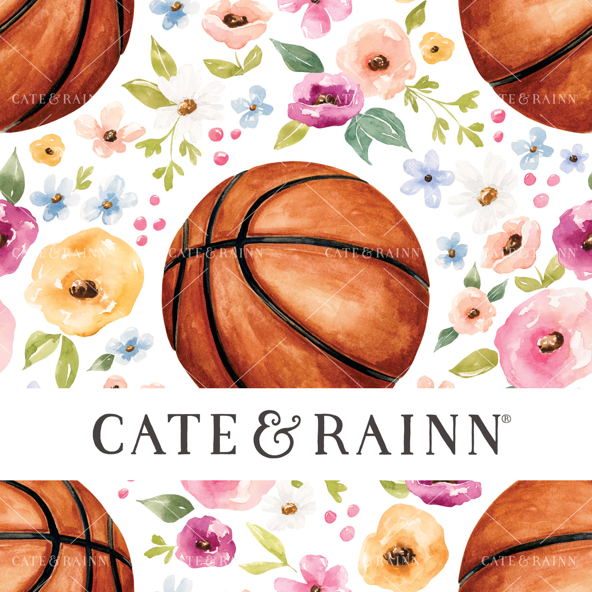 A hand-painted watercolor basketball floral design by Cate and Rainn®