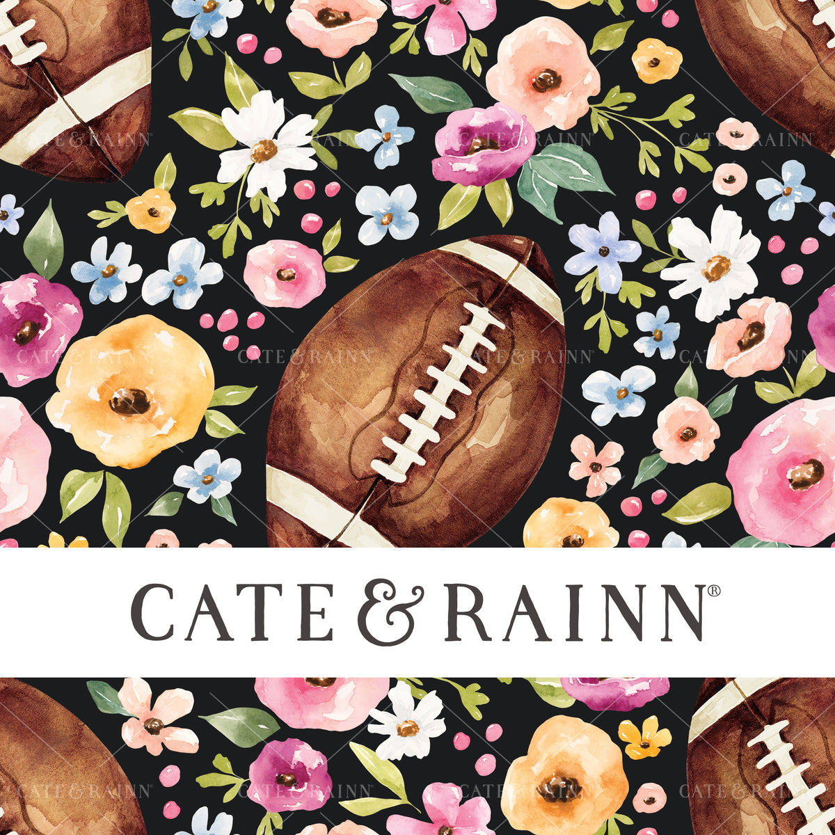 A hand-painted watercolor football floral design by Cate and Rainn®