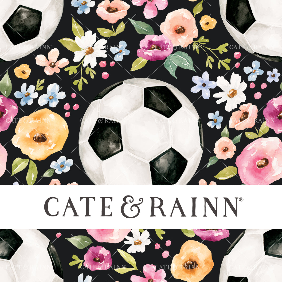 A hand-painted watercolor floral soccer design by Cate and Rainn®
