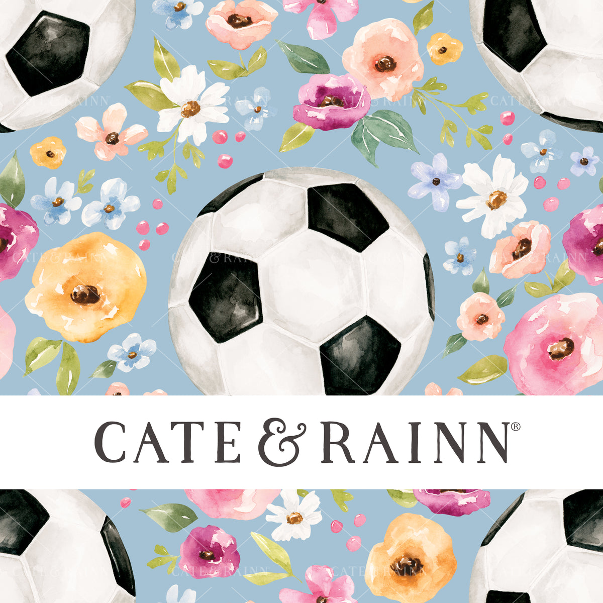 A hand-painted watercolor floral soccer design by Cate and Rainn®